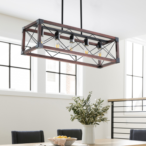(Same as W1340P155968/L1011-RW) 32" Red Wood Industrial Farmhouse Rectangle Pendant Light, 5-Light Chandelier for Dining Room, Kitchen Island, Cafe Decor (No Bulbs)、、eastwooduniform
