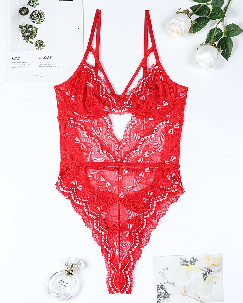 Embroidery Bow Cutout Lace Bodysuit、mySite、bengalsvssteelers