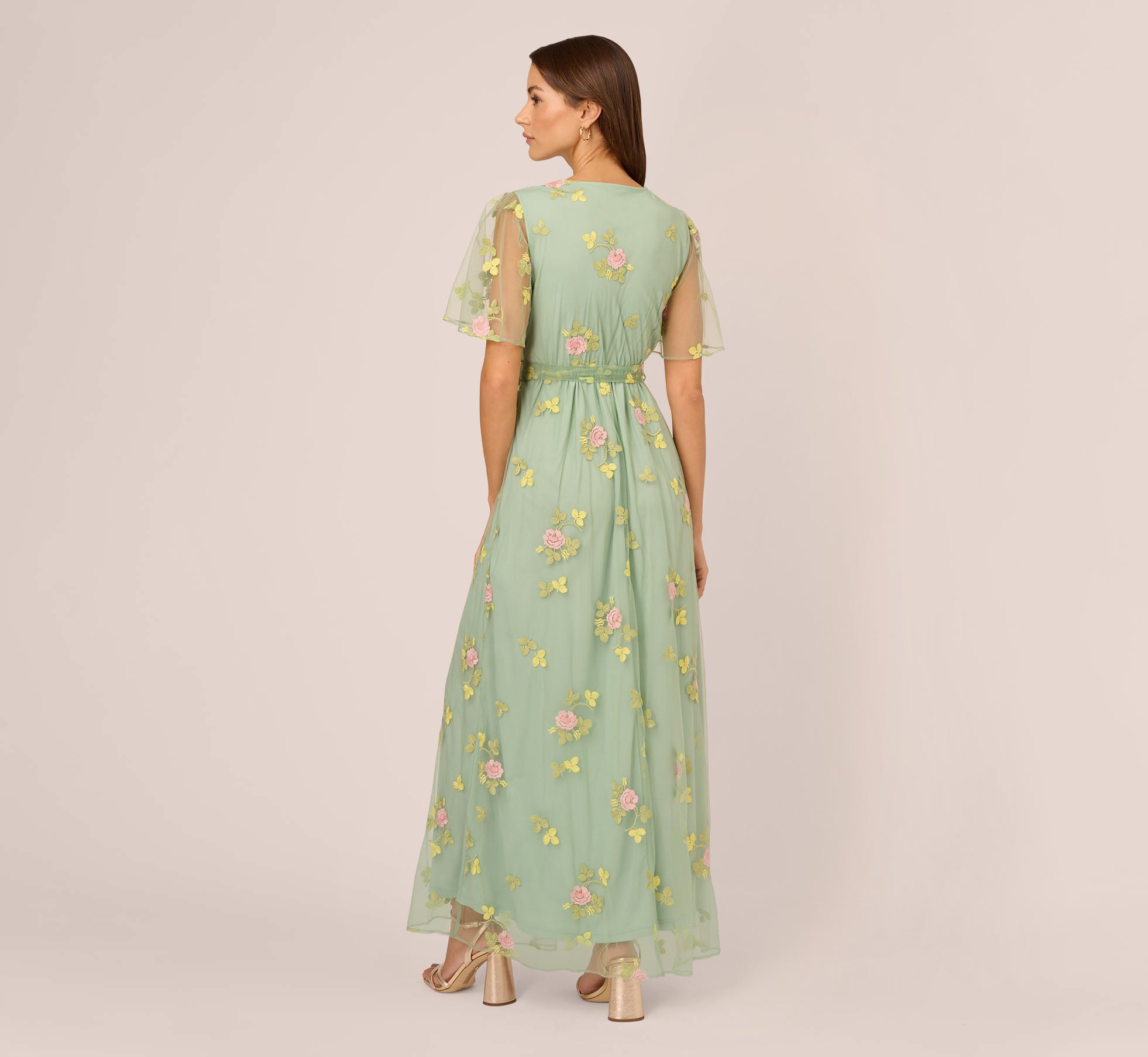 Floral Embroidered Maxi Dress With Sheer Flutter Sleeves In Sage Multi、mySite、solidvoid