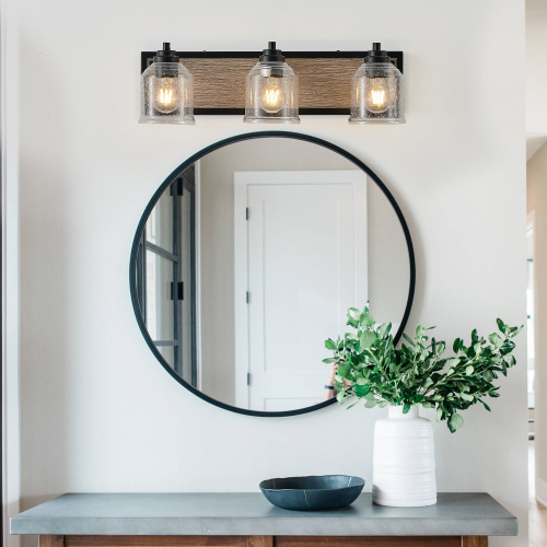 40&quot; Farmhouse Vanity Light Fixture, 5-Light Bathroom Wall Sconce with Clear Seeded Glass Shades, Black and Wood Grain Finish, Modern Industrial Design for Bathroom or Powder Room (No Bulbs)、、eastwooduniform