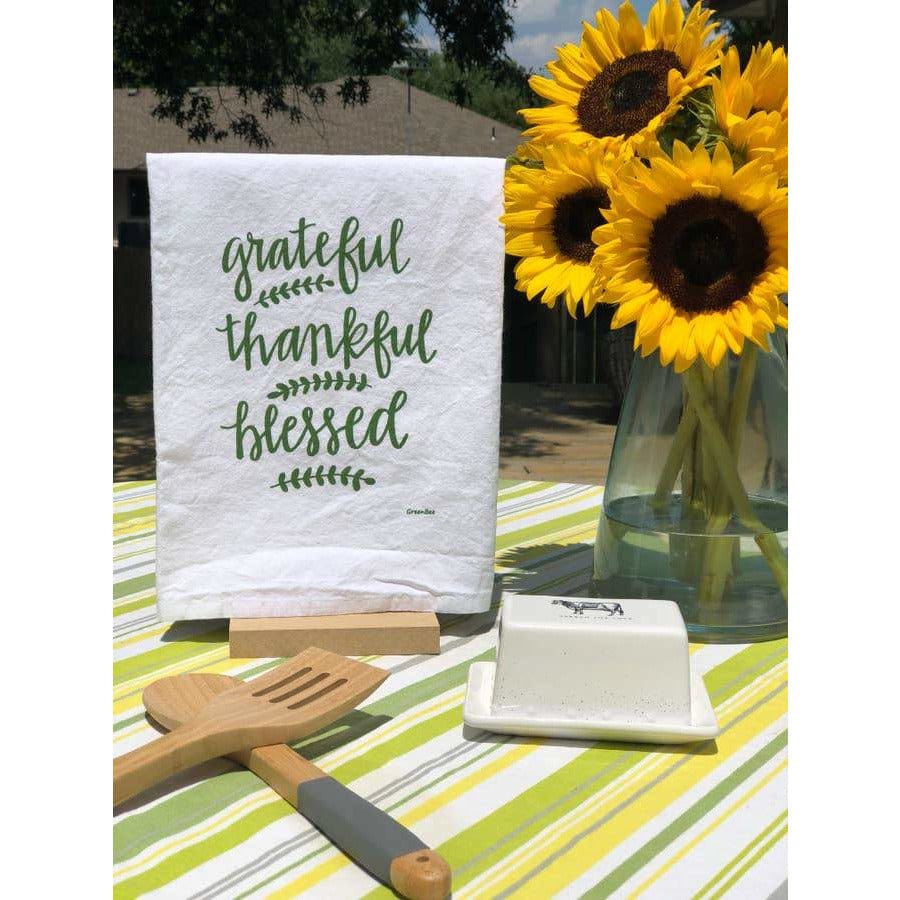 Grateful, Thankful, Blessed Handprinted White Flour Sack Tea Towel with Hanging Loop、mySite、g9winljtr