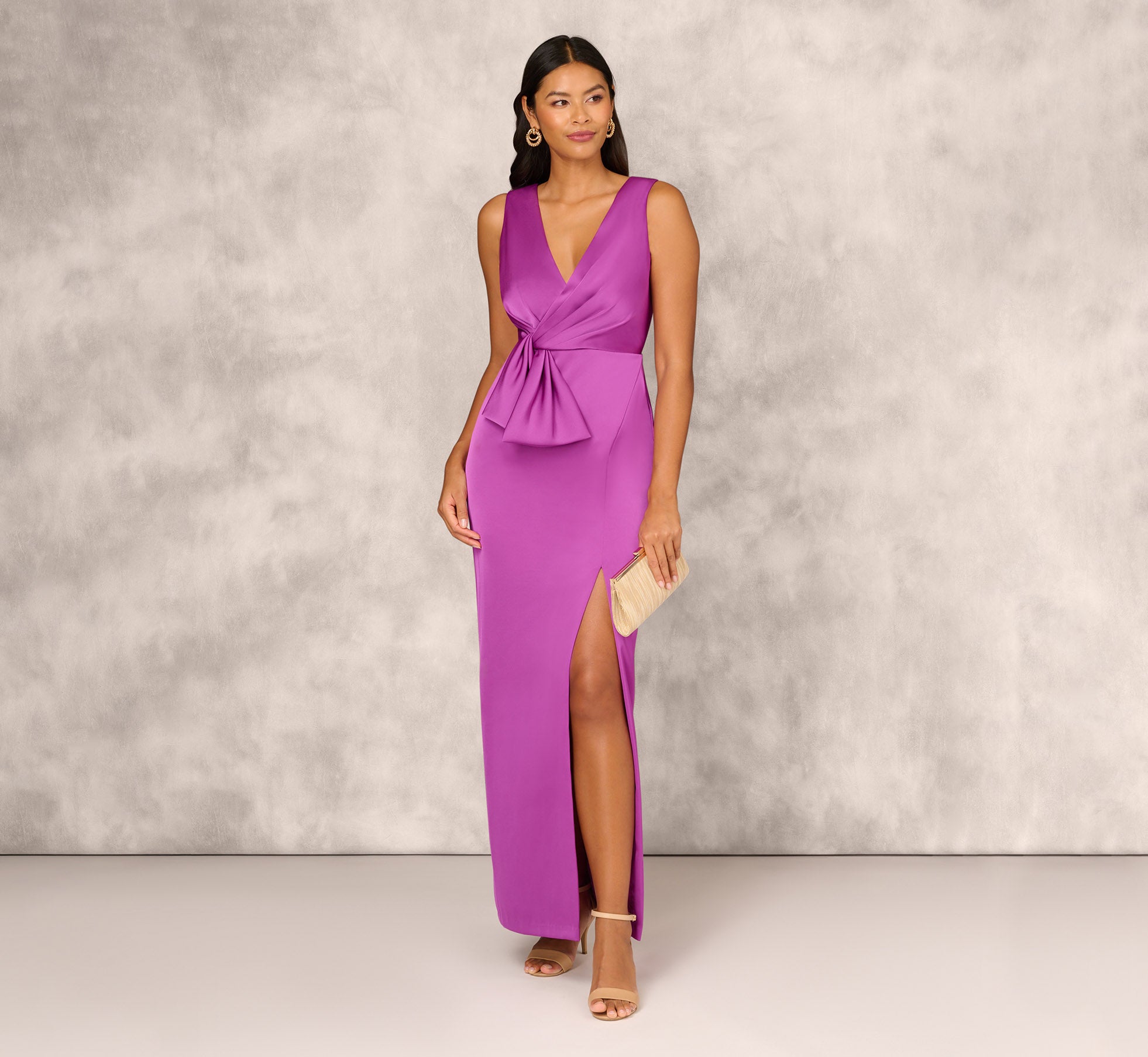 Sleeveless Satin Crepe Column Gown With Bow Waist In Wild Orchid、mySite、solidvoid