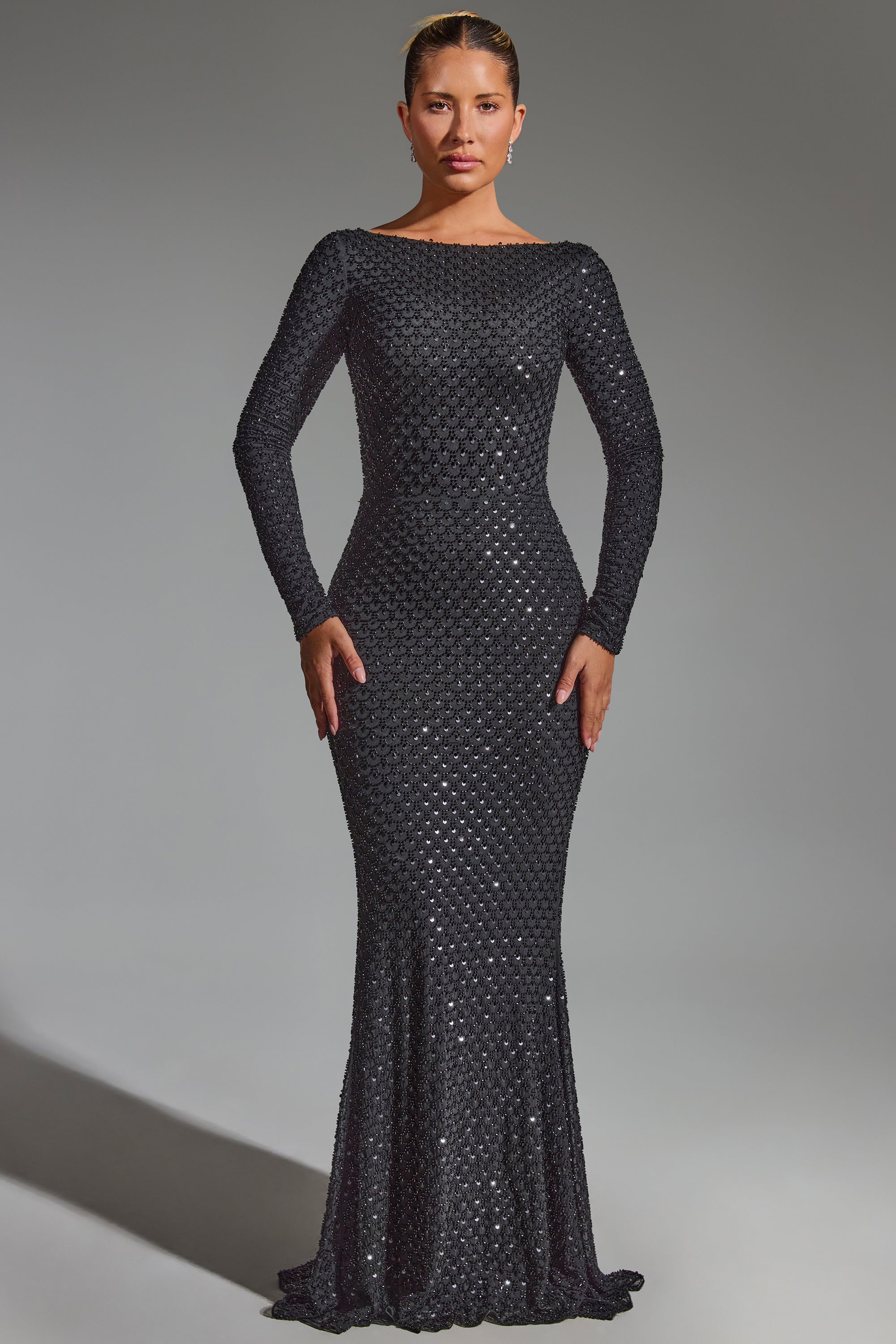 Embellished Open-Back Gown in Black、mySite、solidvoid