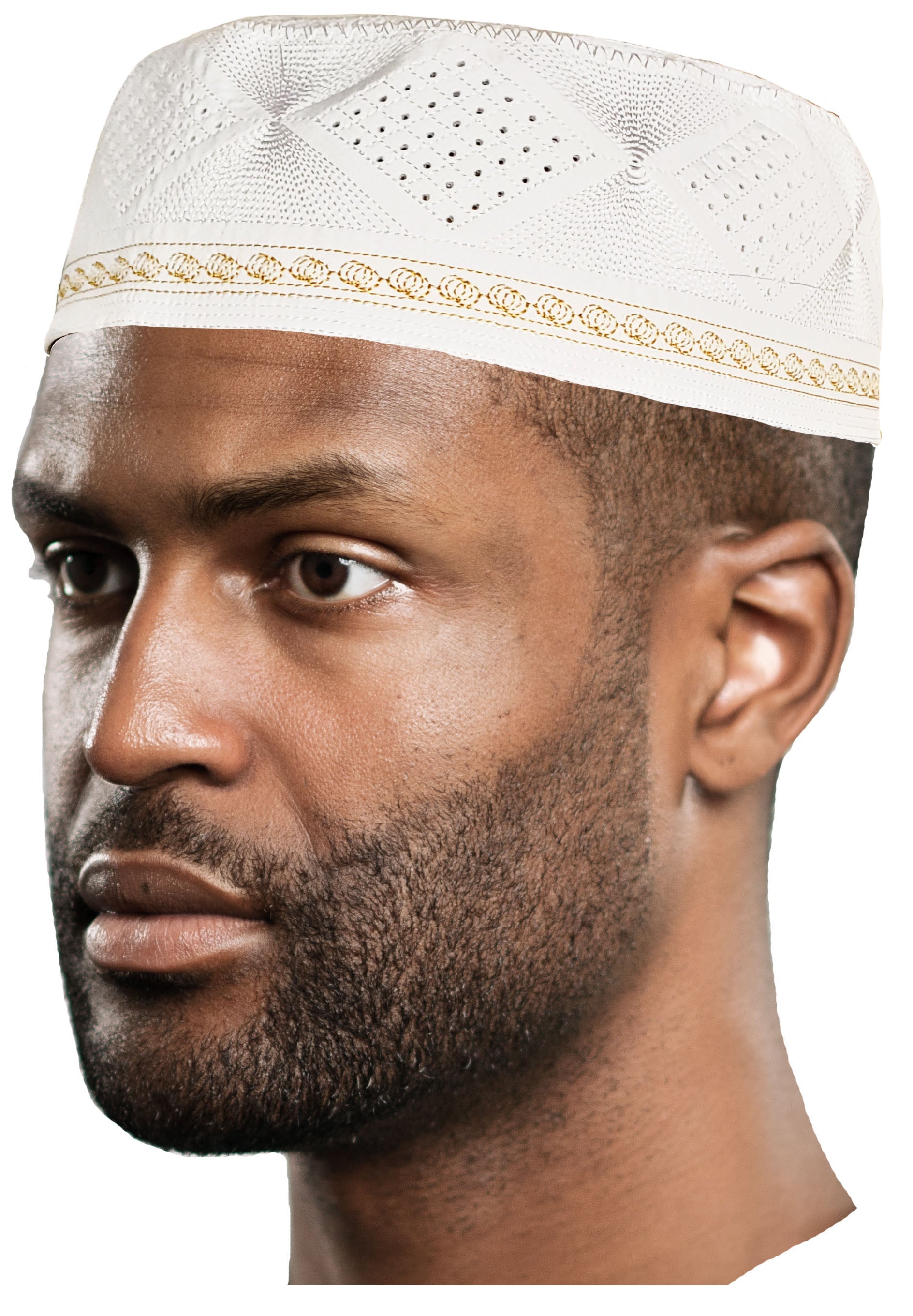 White with Gold Kofia Hat African Embroidered Kufi Cap DPH625、mySite、solidvoid