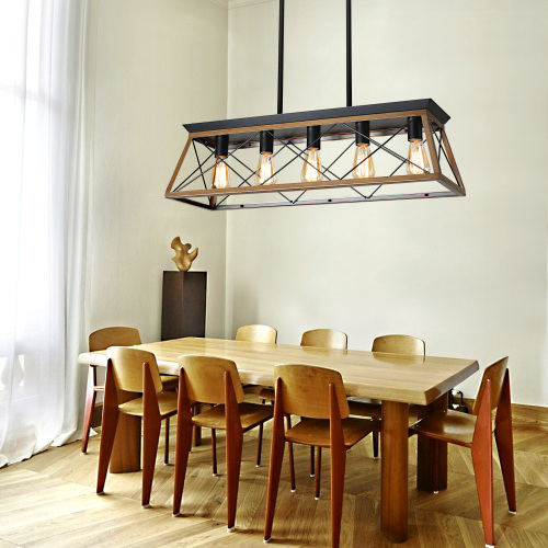 (NEW SKU :W1340P206631) 32" Walnut Industrial 5-Light Pendant Chandelier, Modern Metal Cage Design, Adjustable Hanging Light for Dining Room, Kitchen, Living Room (No Bulbs)、、eastwooduniform