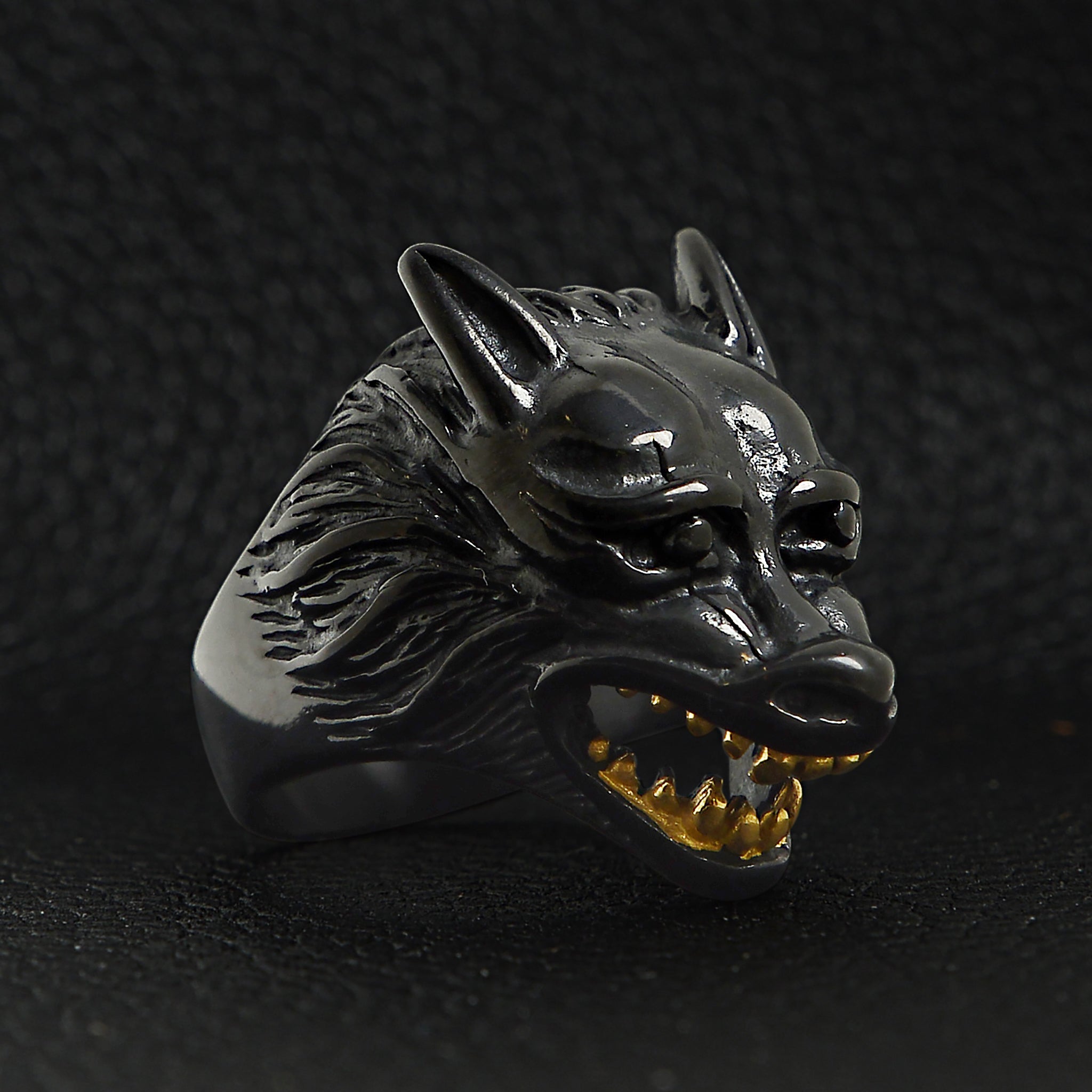 Stainless Steel Black Wolf With 18K Gold PVD Coated Teeth Ring / SCR3076、mySite、dreamappss