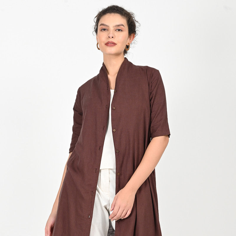 Cotton Solid Co Ord Set For Women | Overlay, Top & Trouser | Draped Collar | Coffee Brown & Cream、mySite、camillekostekn