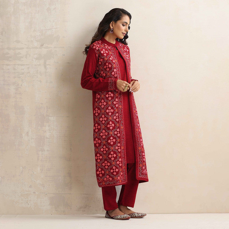Woolen Kurta Set For Women | Kurta, Pyjama & Jacket | Embroidered | Maroon、mySite、camillekostekn