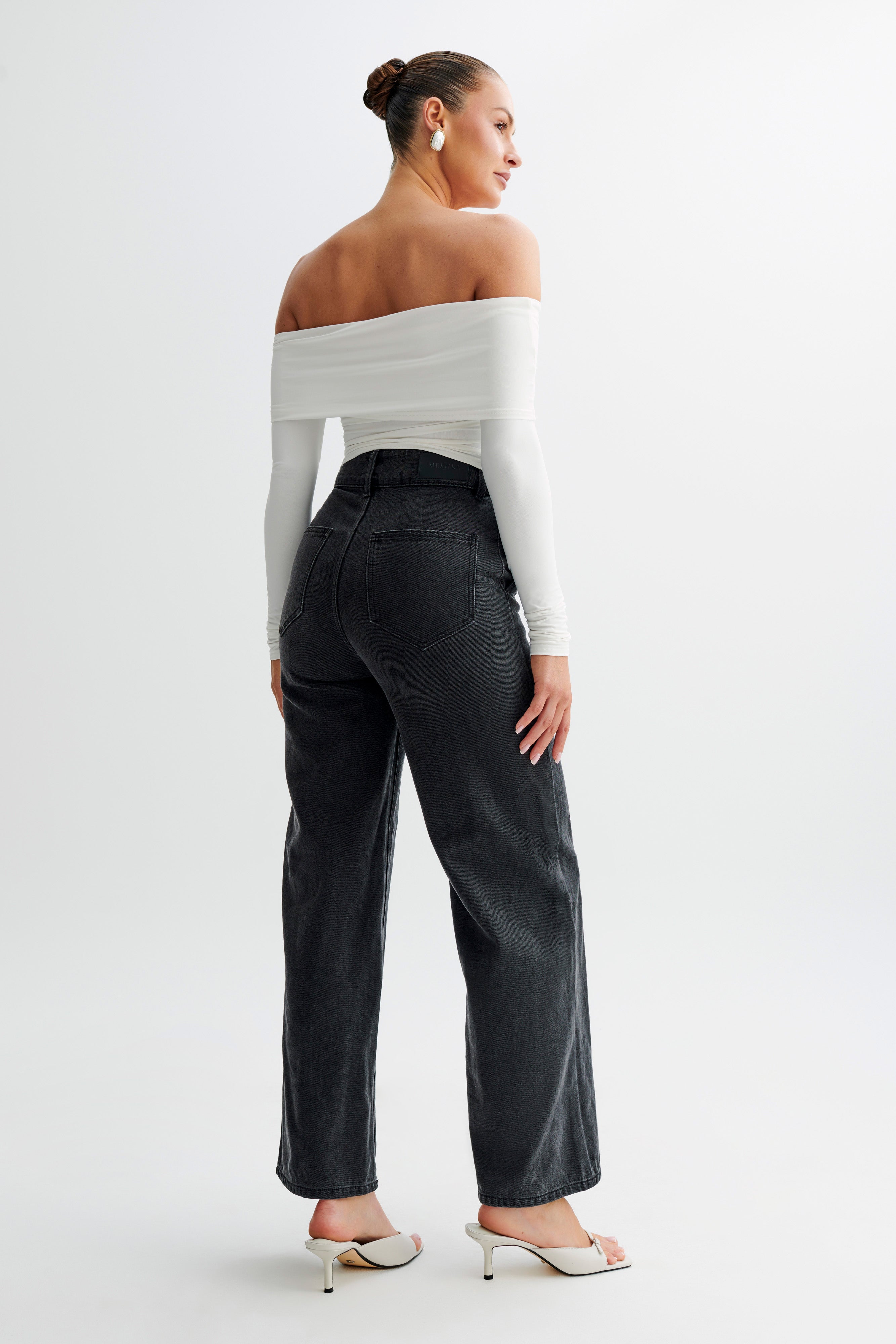 Prue Ruched Off Shoulder Long Sleeve Top - White、mySite、solidvoid