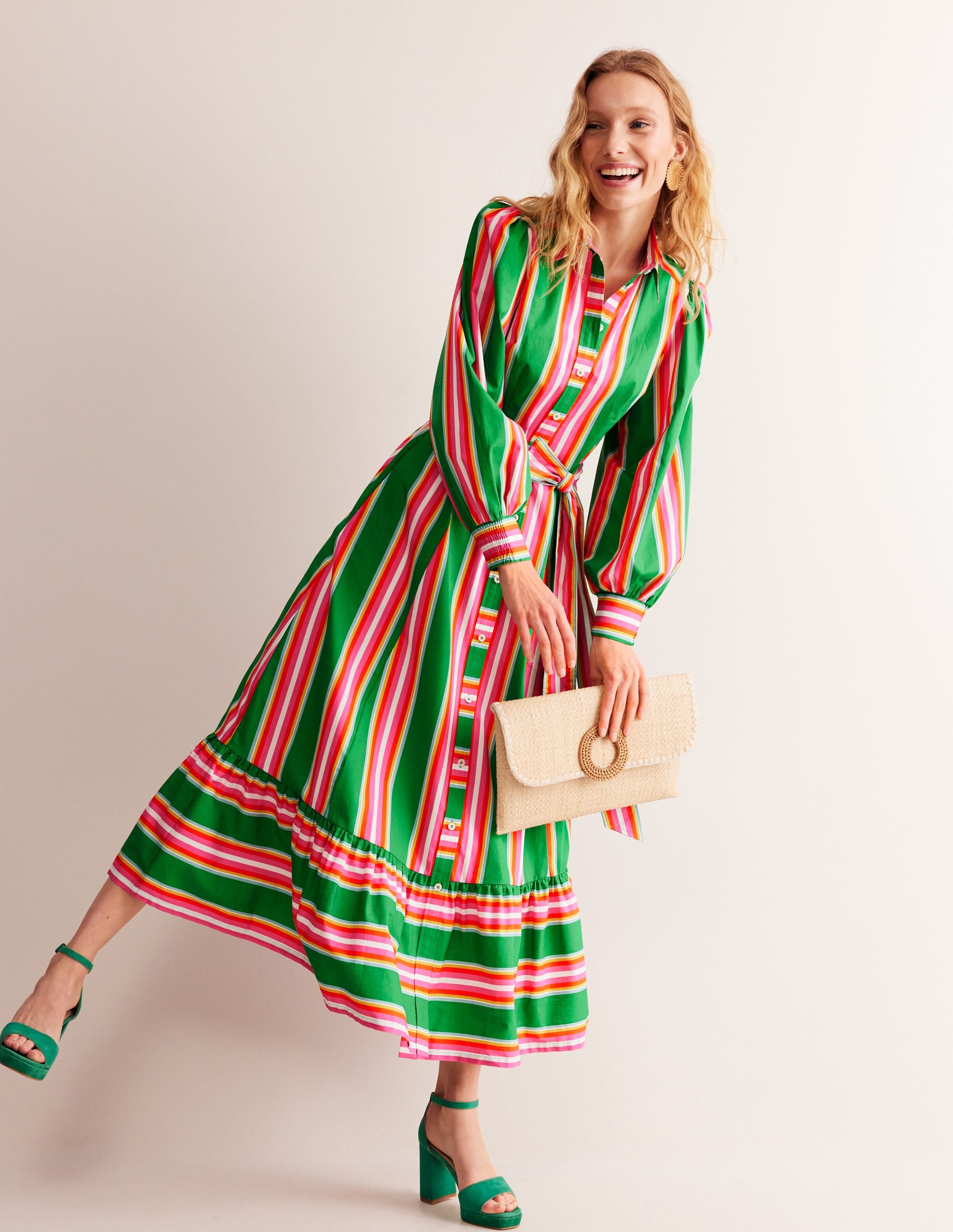  Cotton Midi Shirt Dress-Green Tambourine, Pink Stripe、mySite、ashleygrahame