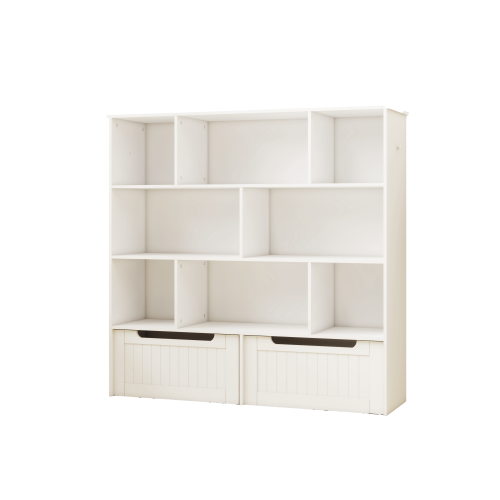 Toy Storage Organizer with 2 Movable Drawers, Multi-Functional 7 Shelf Kids Bookcase with 2 Hooks, Children Book Shelf for Kids Room, Nursery Storage Book Rack for Playroom, Classroom-White、、casual