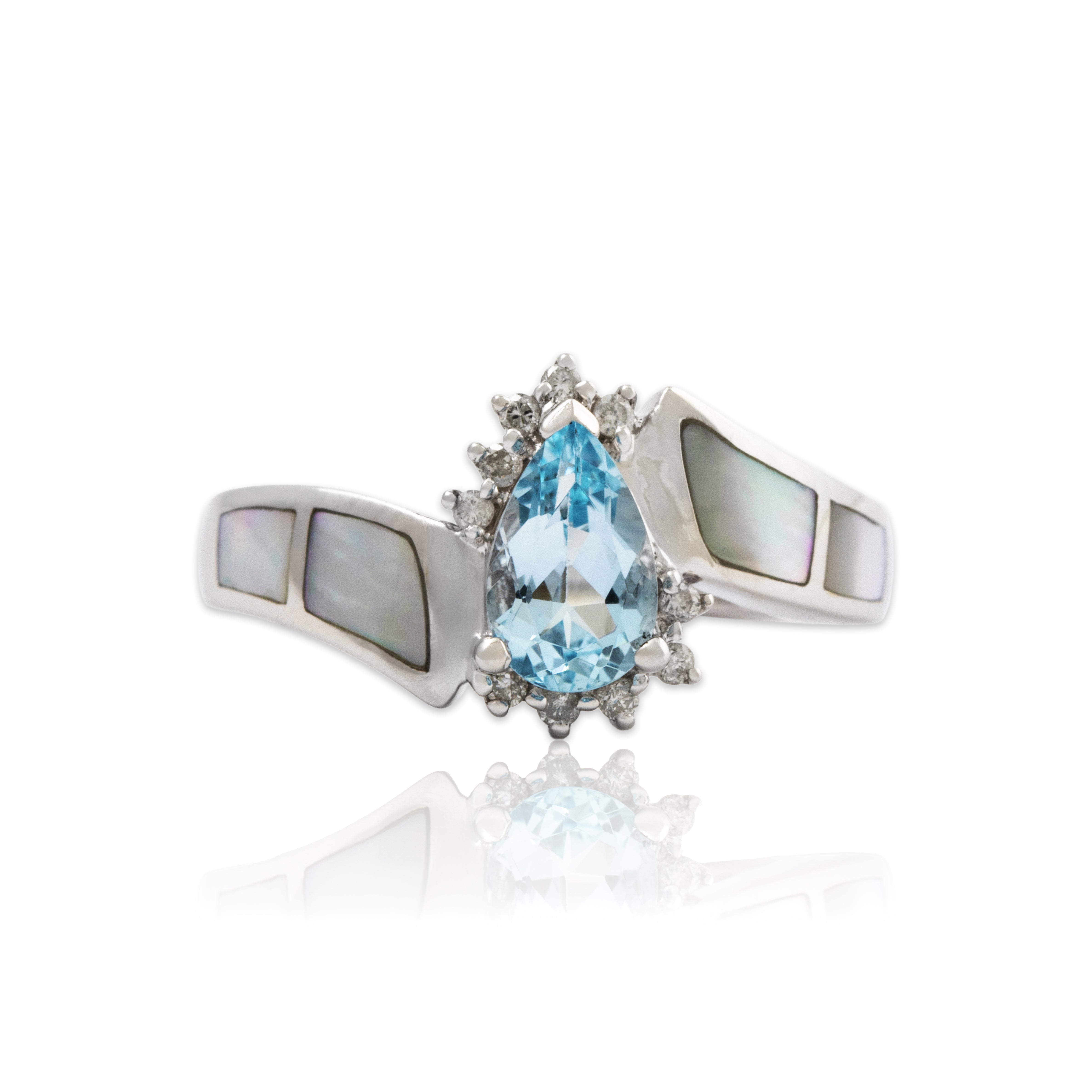 Vintage 10k White Gold Blue Topaz Mother Of Pearl Diamond Bypass Ring 6.75、mySite、hinf8tx79