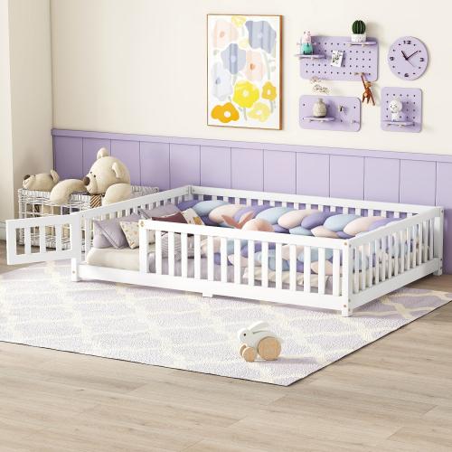 Twin Size Bed Floor Bed with Safety Guardrails and Door for Kids, Natural(Old SKU: W158090686)、、casual