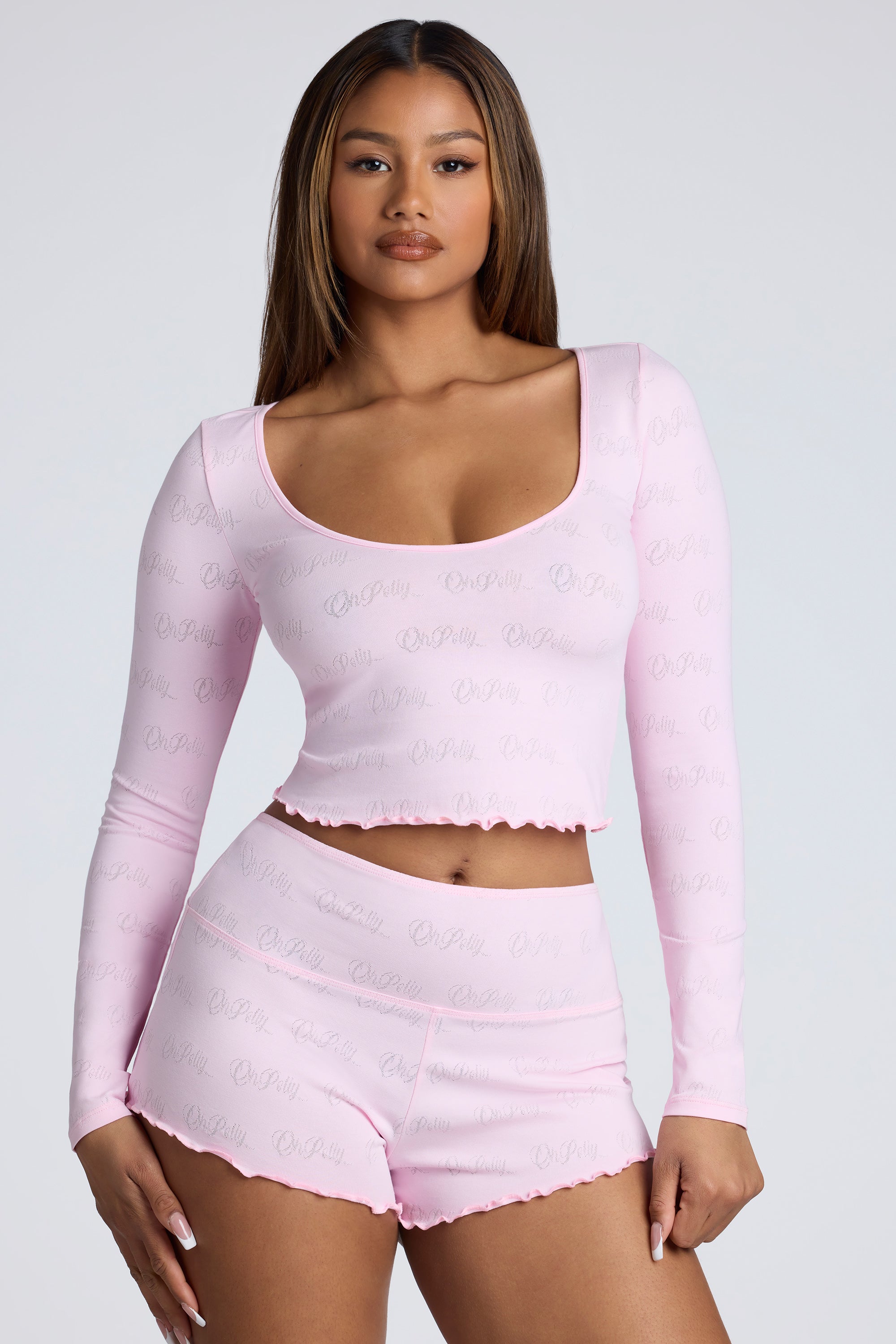 Long Sleeve Scoop Neck Pointelle Crop Top in Baby Pink、mySite、solidvoid