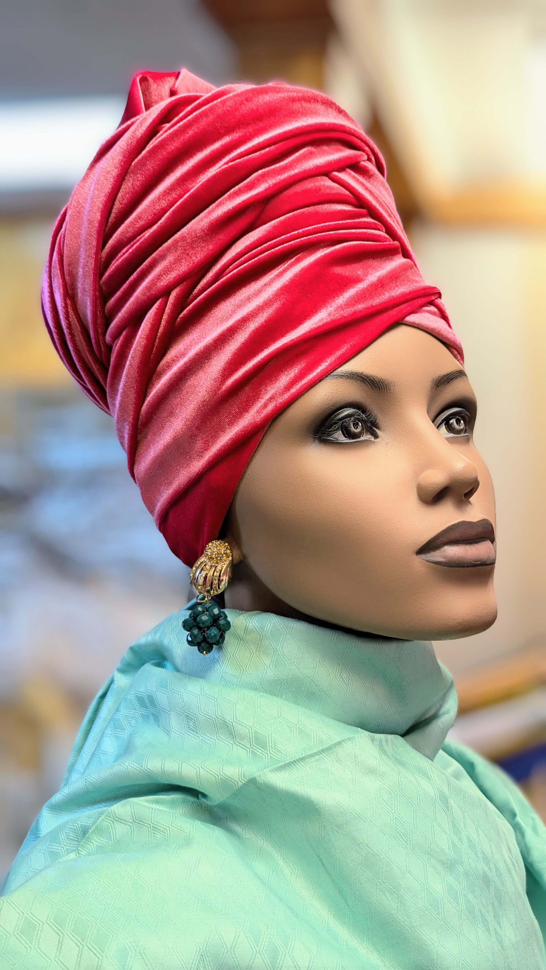 Dupsie's Zanele Coral Red Velvet Velour African Head Wrap Hat DPVHHWR1、mySite、solidvoid