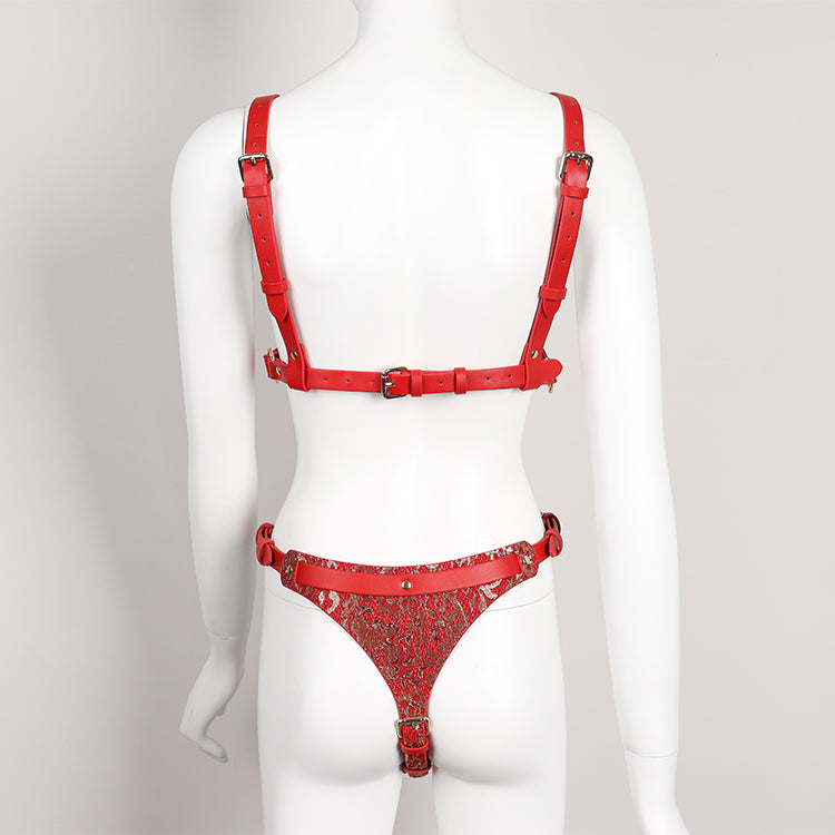 Scandal Handcrafted Red Leather Bondage Zipper Harness | Fetish | Adjustable| Open Crotch、mySite、bottomscart