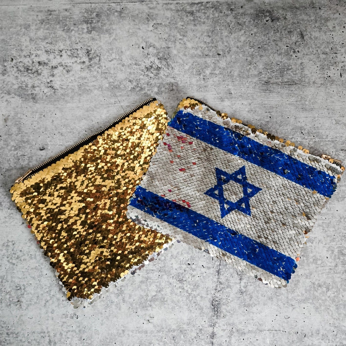Israeli Flag and Gold Sequin Flip Cosmetic Bag、mySite、topwebapps
