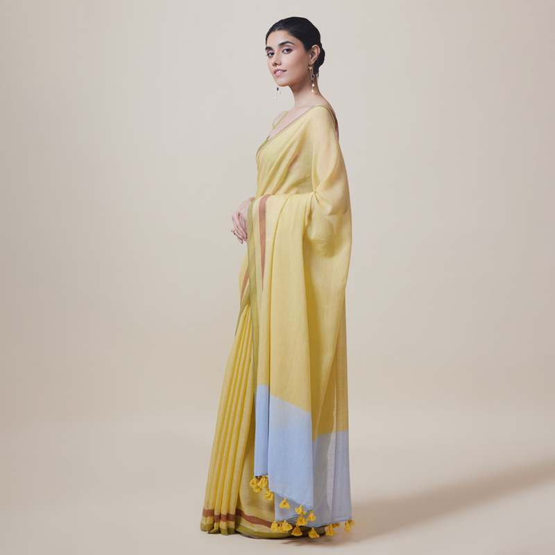 Cotton Solid Saree with Blouse | Yellow、mySite、camillekostekn