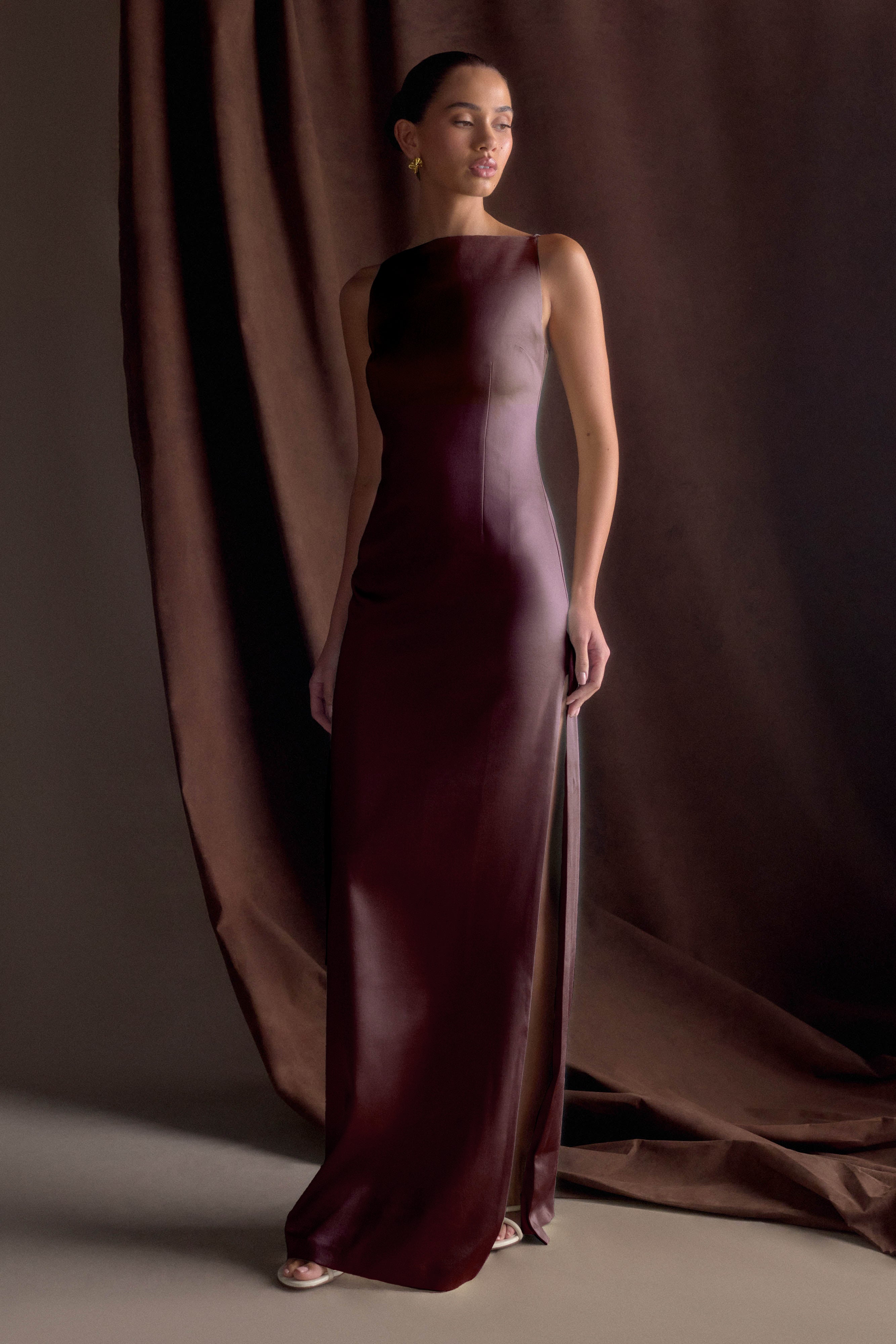 Violet Sleeveless Satin Maxi Dress - Dark Chocolate、mySite、solidvoid