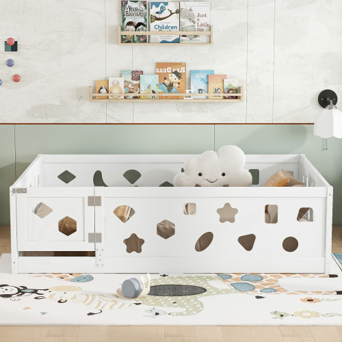 Twin Size Floor Bed with Heightened Safety Guardrails and Door, Solid Wood Bedframe with Rails for Girls, Boys, Teens, Child Bedroom, Kids Playroom, No Slats Included, White、、casual