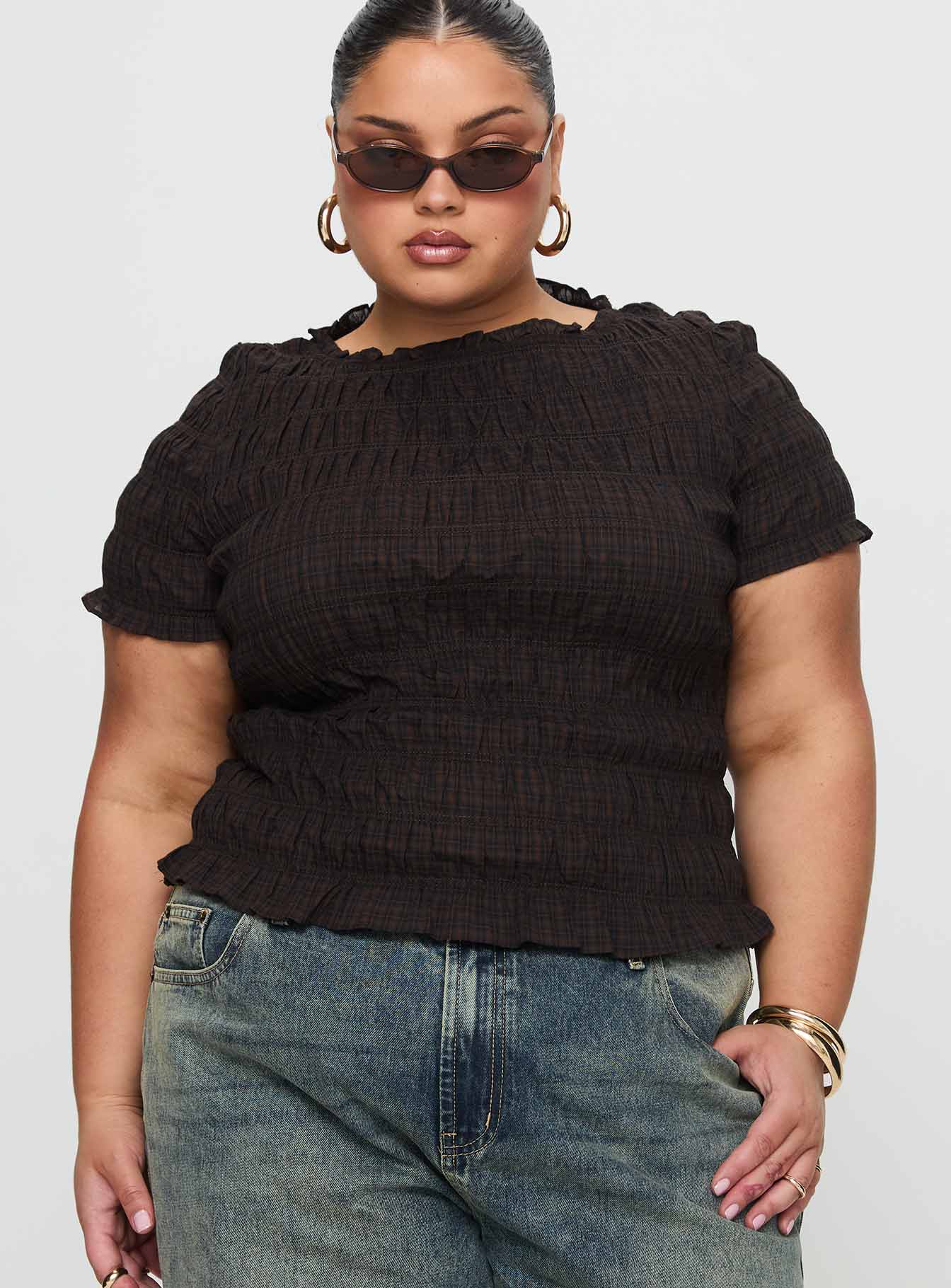 Romelle Shirred Top Black / Brown Plaid、mySite、solidvoid