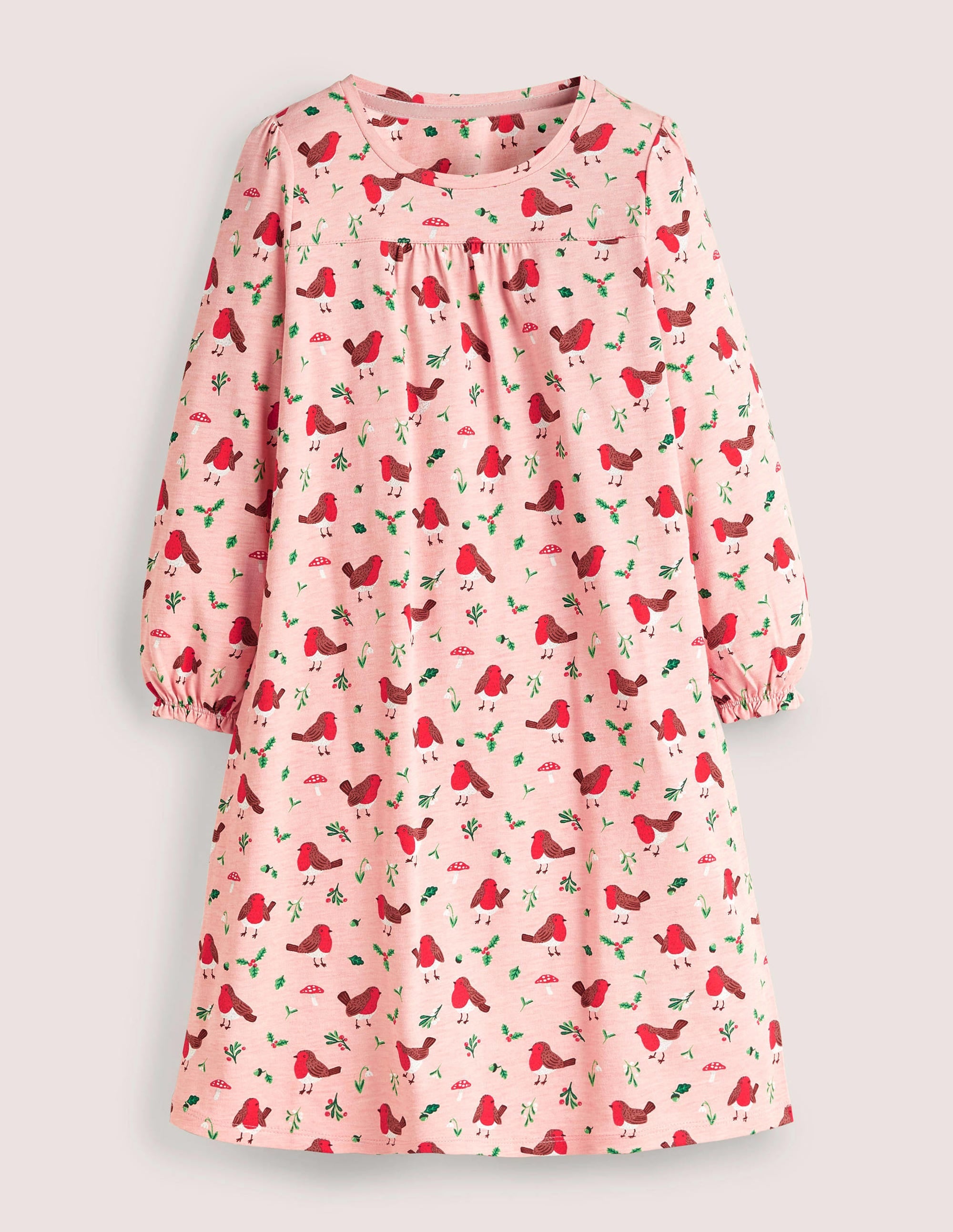  Printed Long-sleeved Nightie-Boto Pink Robins、mySite、ashleygrahame