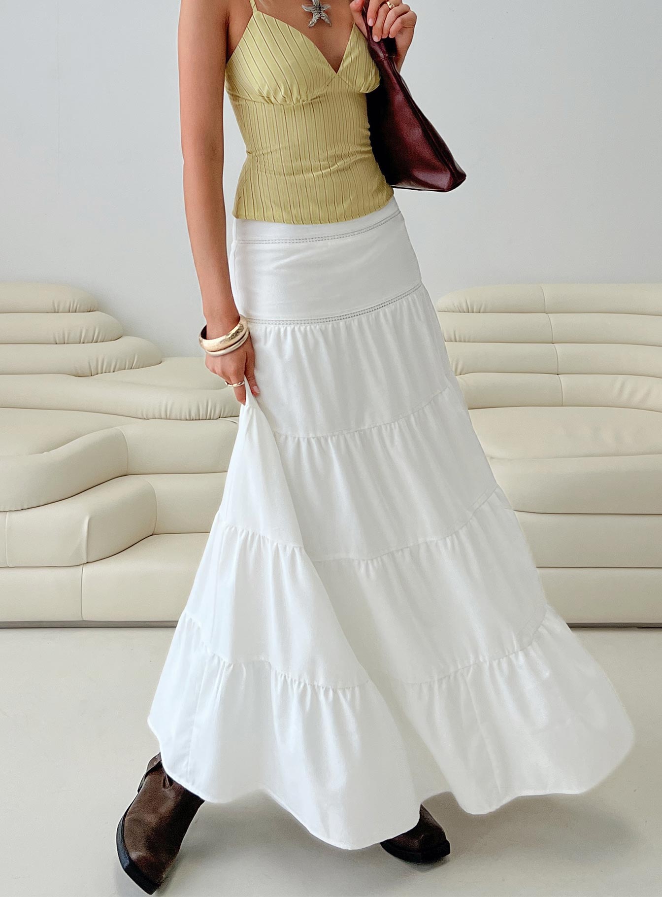 Snowy River Tiered Maxi Skirt White、mySite、solidvoid