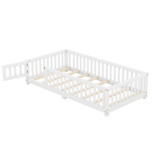 Twin Size Bed Floor Bed with Safety Guardrails and Door for Kids, Natural(Old SKU: W158090686)、、casual