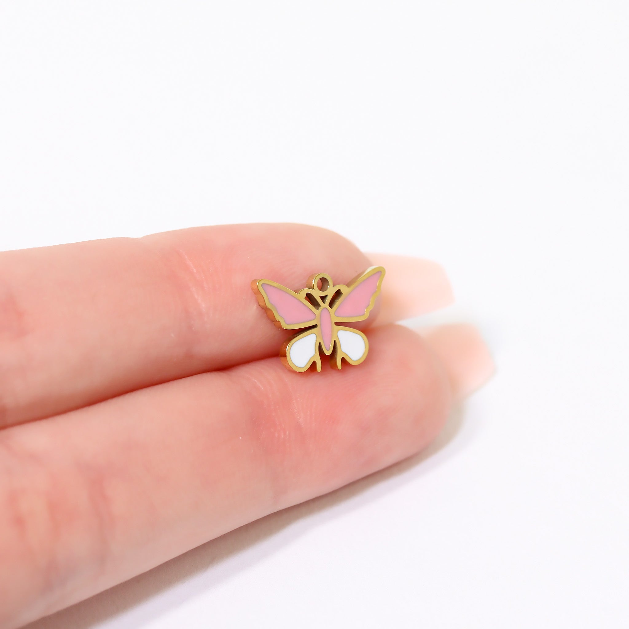 18K Gold PVD Stainless Steel Epoxy Pink and White Butterfly Charm / PDL0030、mySite、dreamappss