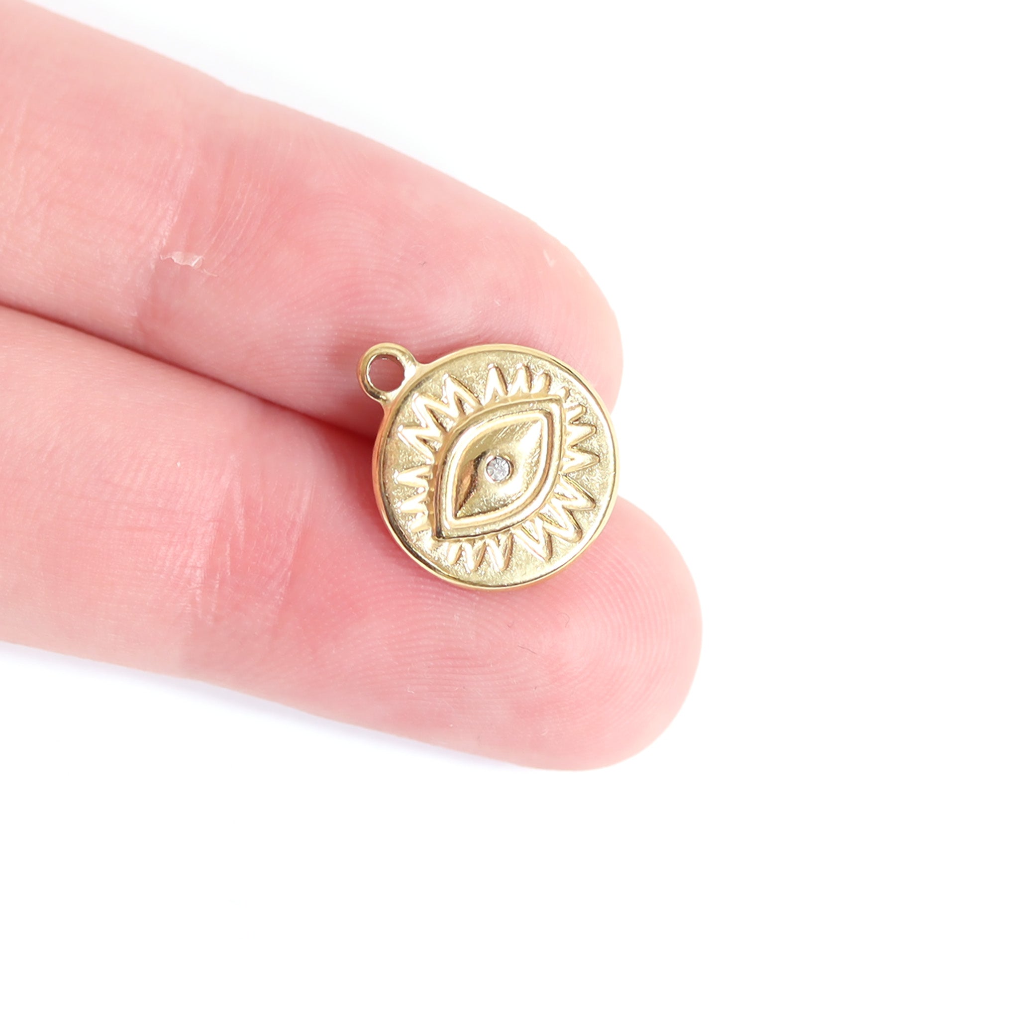 18K Gold PVD Stainless Steel Crystal Evil Eye Sun Disc Charm / PDL0127、mySite、dreamappss