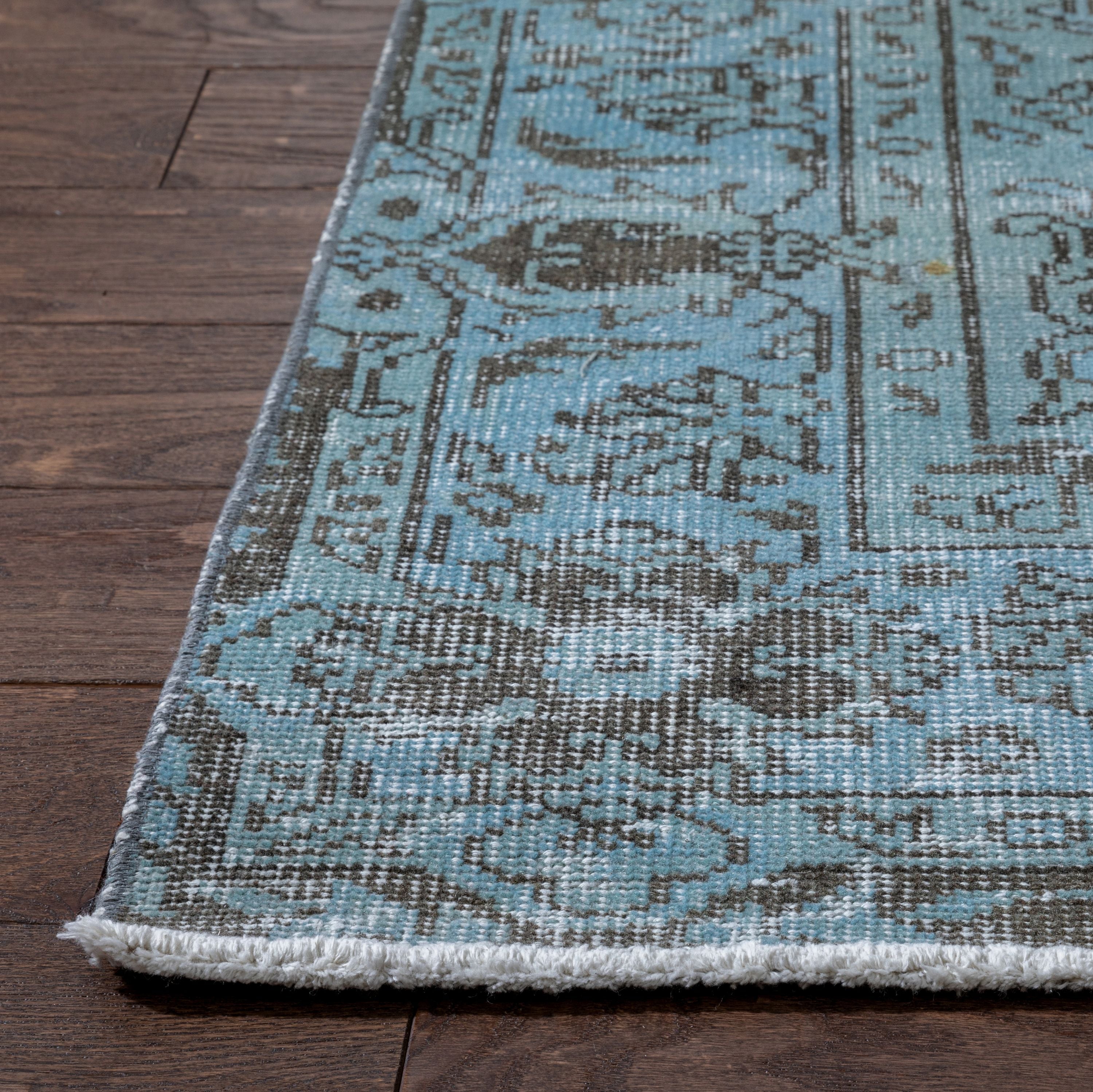 Ekrem Light Blue Overdyed Floral Pattern One-of-a-Kind Handmade Wool Area Rug 5'8 x 9'、mySite、gigharbornorthrealestate