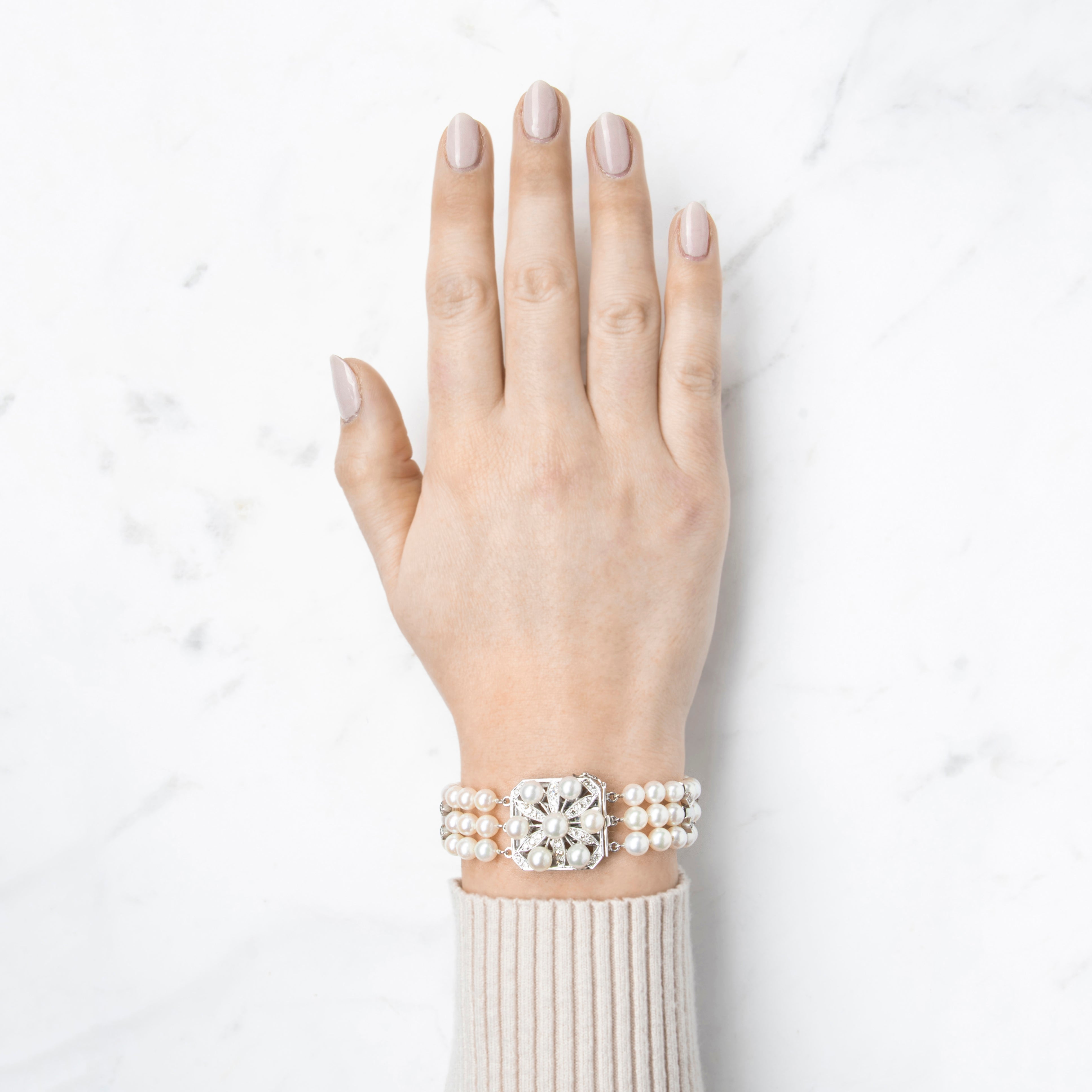 Vintage 14k White Gold Pearl .748cttw Diamond Triple Strand Bracelet 6.25、mySite、hinf8tx79