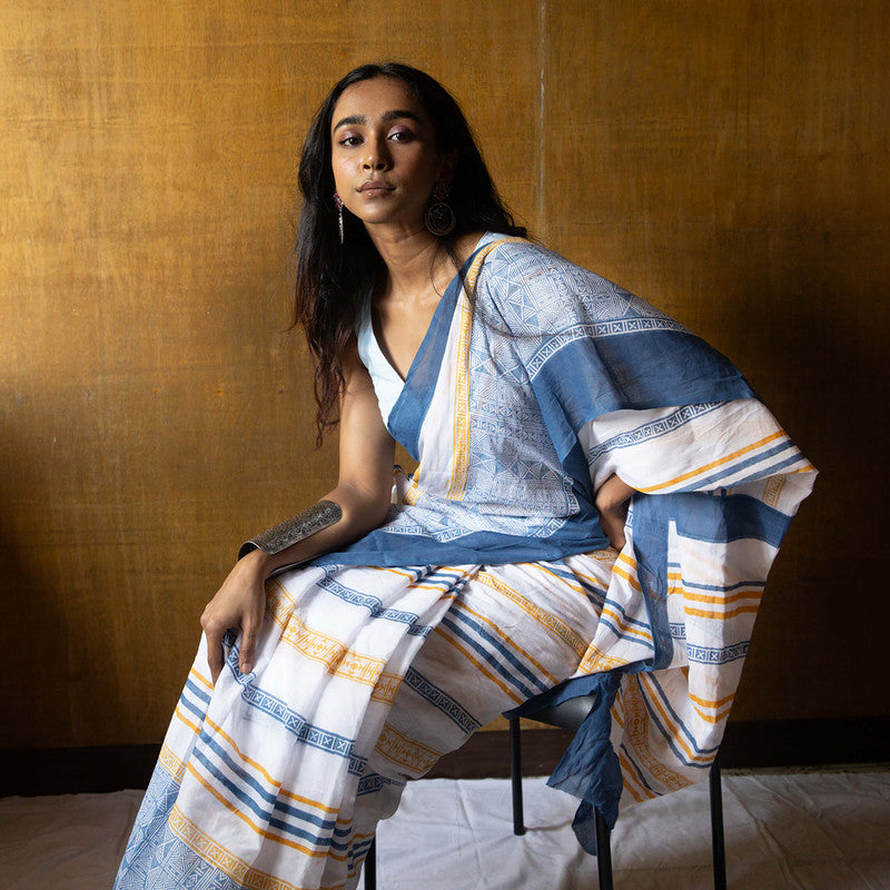 Cotton Printed Saree | Hand Block Print | White & Blue、mySite、camillekostekn