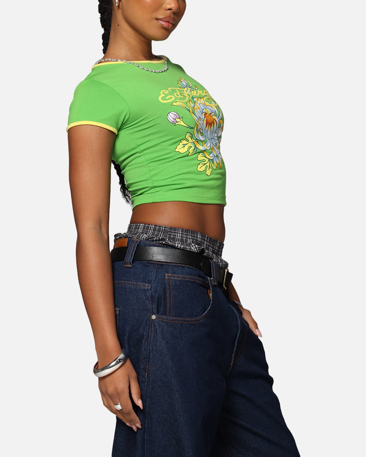 Ed Hardy Women's Blooming Baby Ringer T-Shirt Green/Yellow、mySite、zt4zffjzw