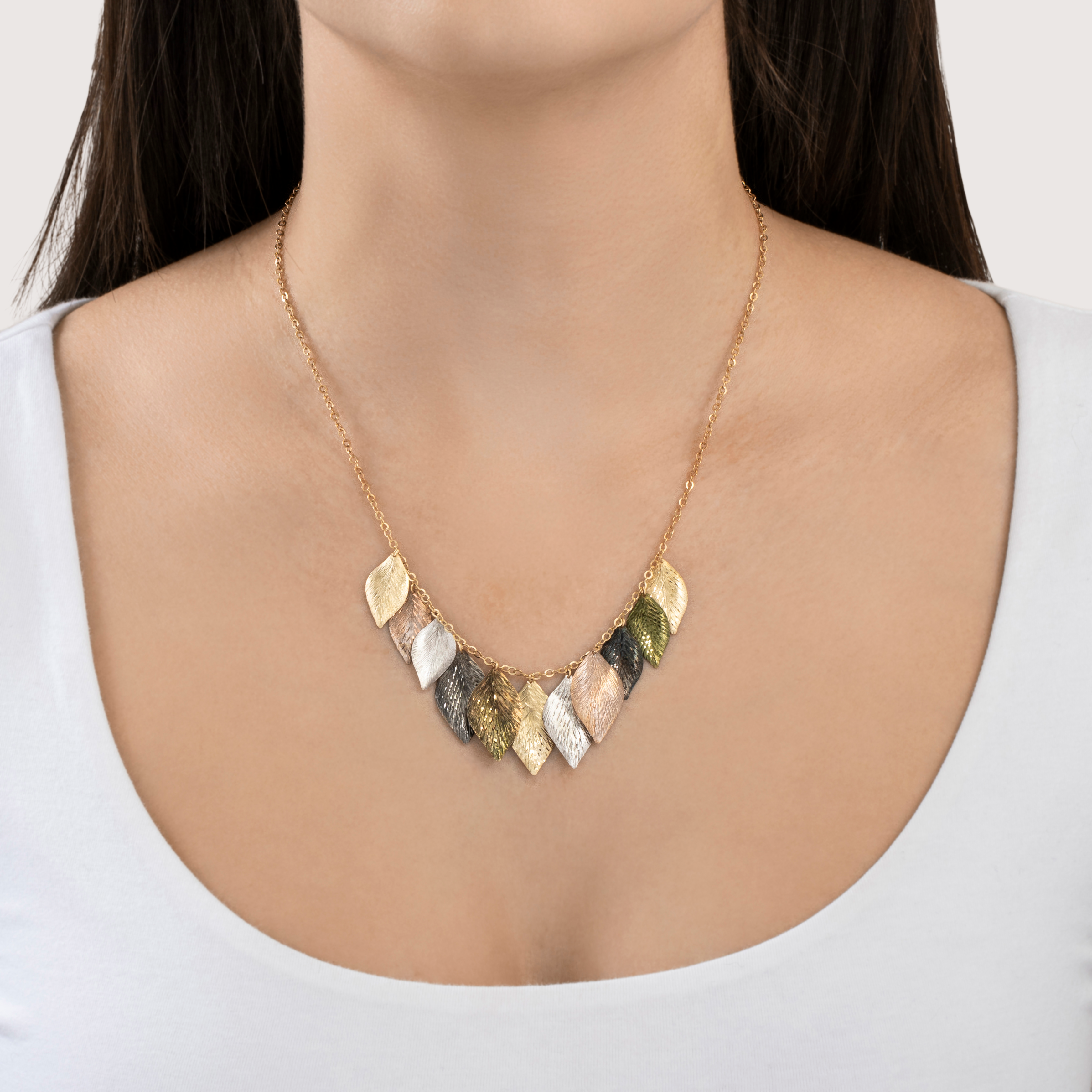 Estate 14k Multi Colored Gold Botanical Leaf Necklace 18、mySite、hinf8tx79