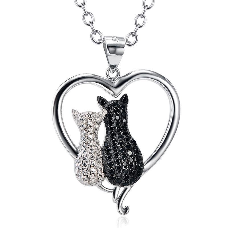 Two Cats in a Heart Necklace in 925 Silver, Darling! White and Black Kitties、mySite、g9winljtr