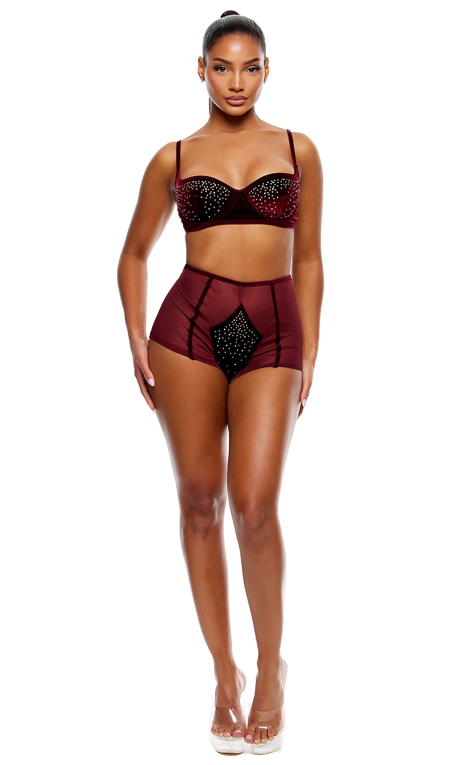 Caught Your Eye Velvet Rhinestone Bra and Briefs Lingerie Set - Wine、mySite、bengalsvssteelers