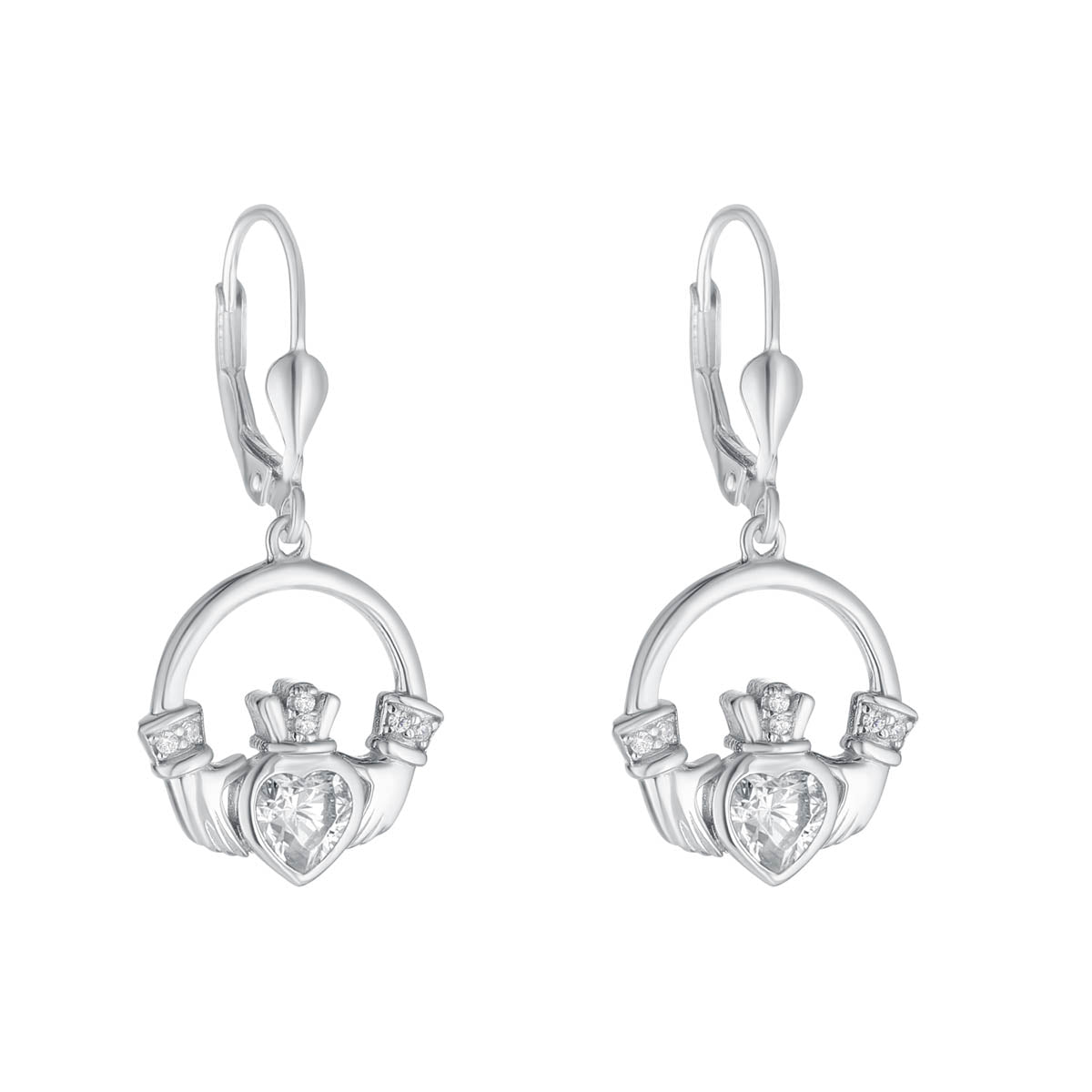  Silver Large Cz Heart Claddagh Earrings