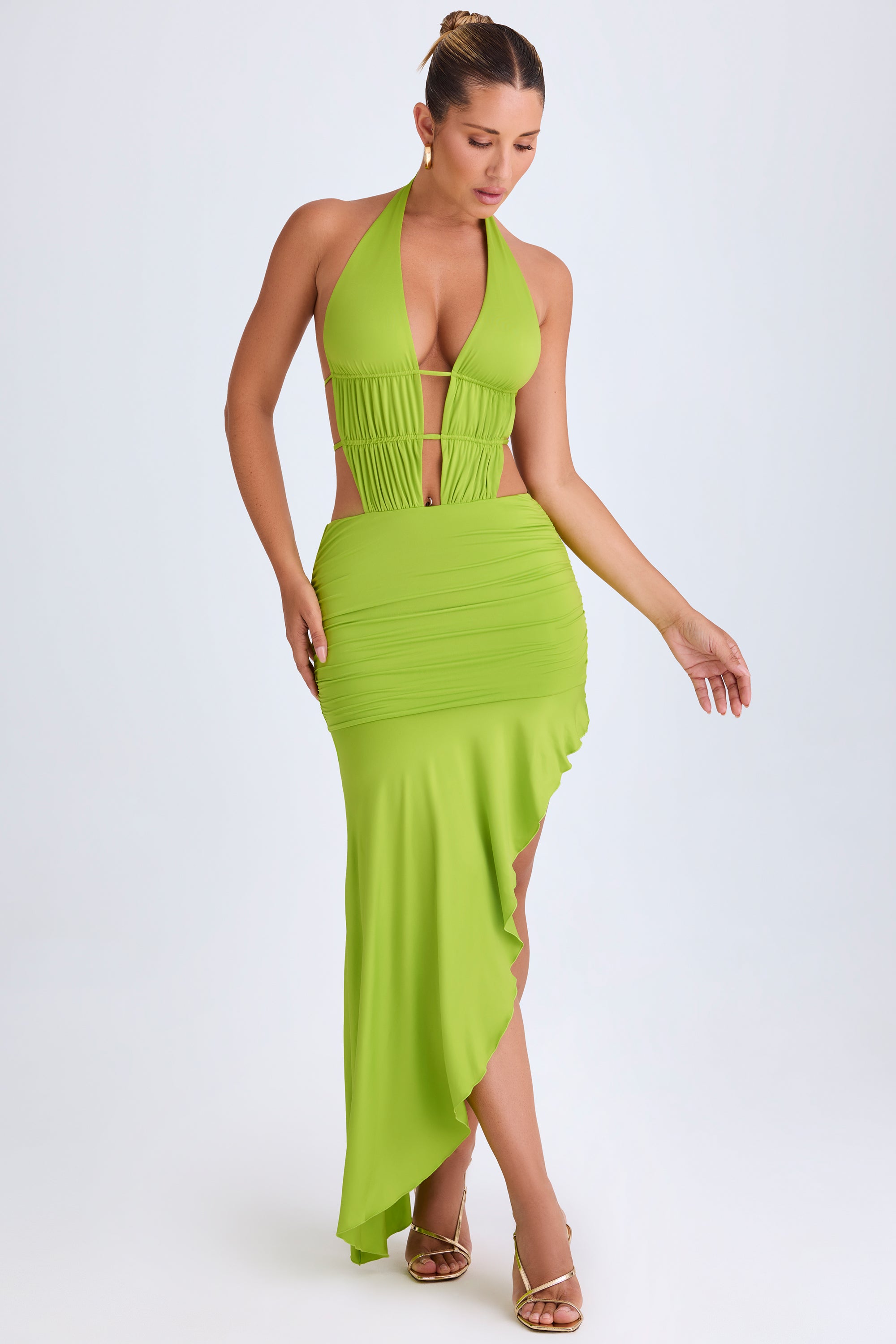 Asymmetric Cut-Out Halterneck Midaxi Dress in Lime Green、mySite、solidvoid