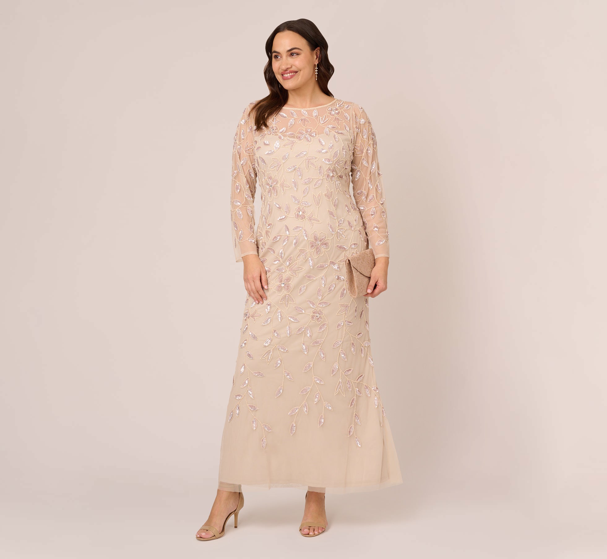 Plus Size Illusion Floral Beaded Gown With Sheer Long Sleeves In Latte、mySite、solidvoid