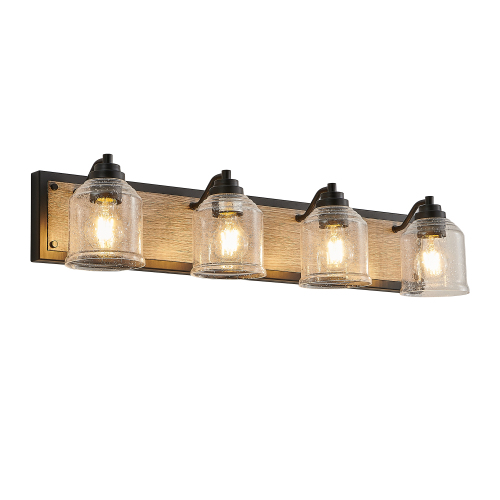 40&quot; Farmhouse Vanity Light Fixture, 5-Light Bathroom Wall Sconce with Clear Seeded Glass Shades, Black and Wood Grain Finish, Modern Industrial Design for Bathroom or Powder Room (No Bulbs)、、eastwooduniform