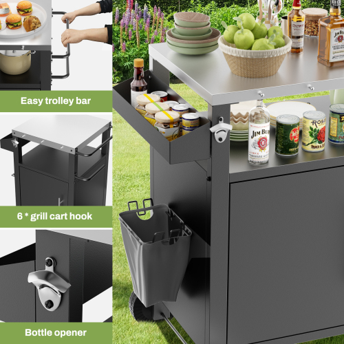 Outdoor Grill Cart with Patio Furniture, Outdoor Grill Table with Storage,Rolling Bar Cart Outdoor BBQ Cart with Hooks and Spice Rack for Grilling Accessories, Black、、eastwooduniform