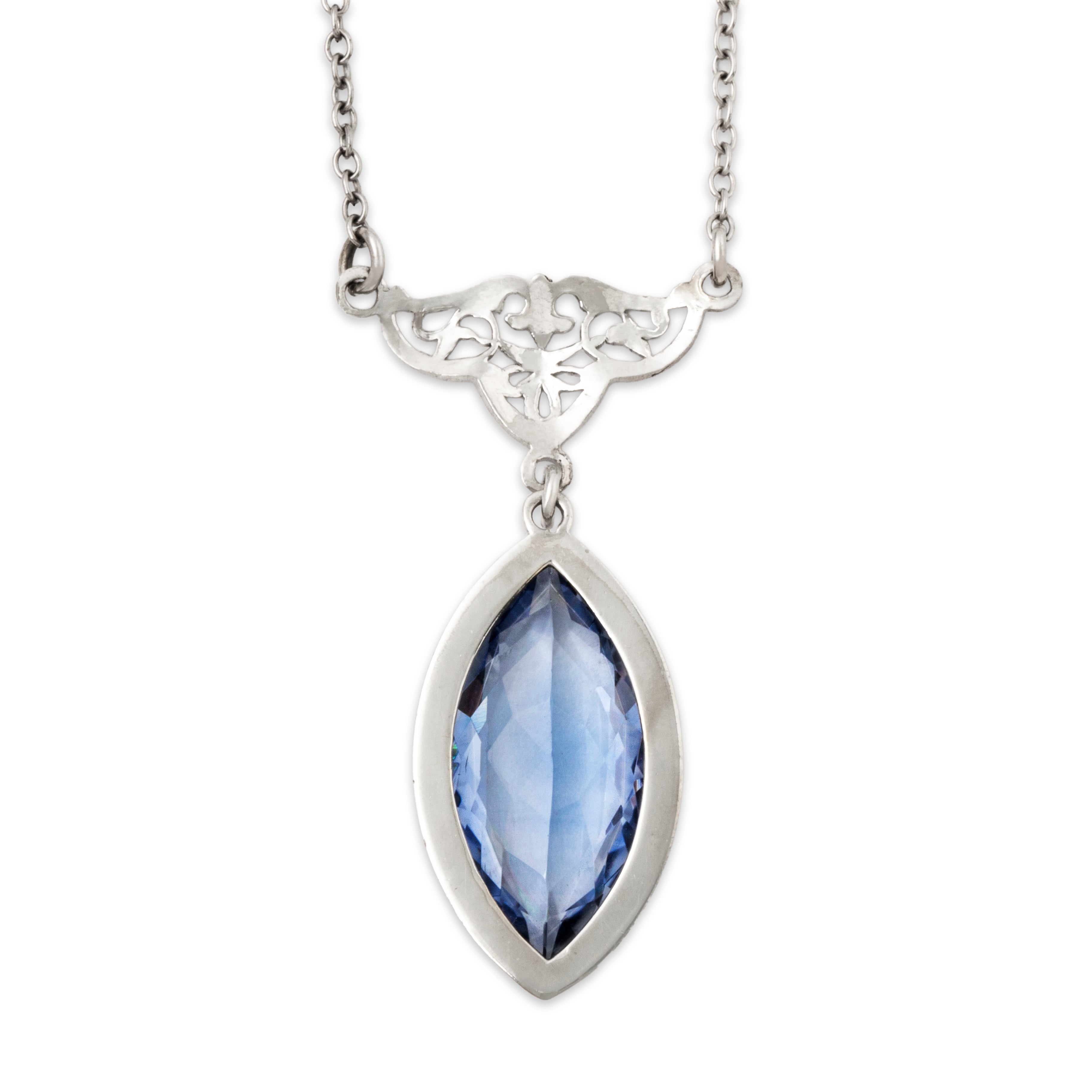 Antique Art Deco 10k White Gold Blue Synthetic Sapphire Lavalier Necklace 17、mySite、hinf8tx79