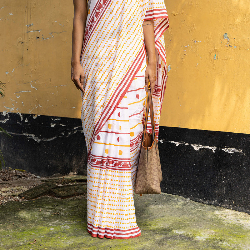 Cotton Saree | Hand Block Print | White & Yellow、mySite、camillekostekn