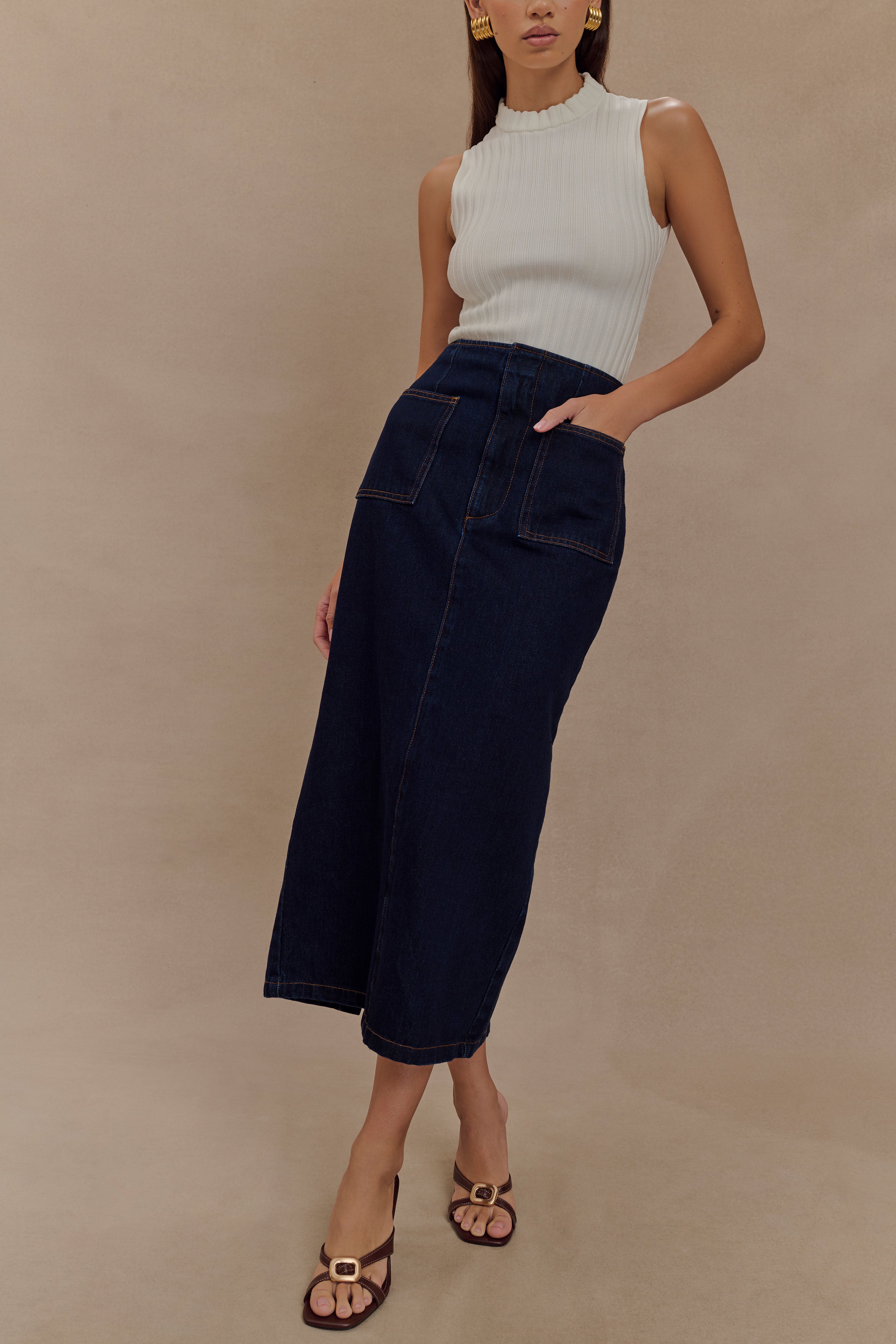 Fallon Denim Midi Skirt - Indigo Blue、mySite、solidvoid