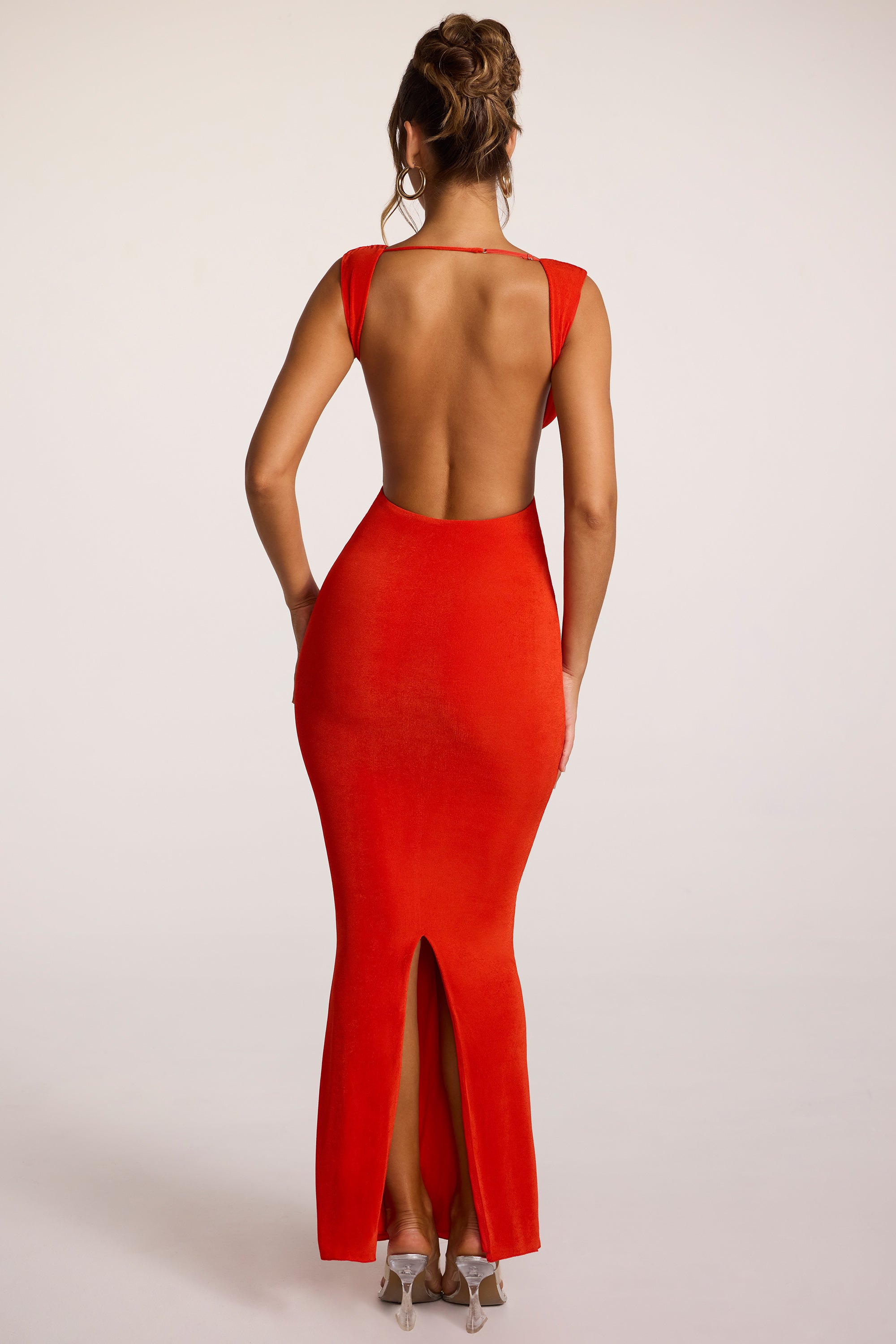 Textured Jersey Plunge Neck Maxi Dress in Fiery Red、mySite、solidvoid