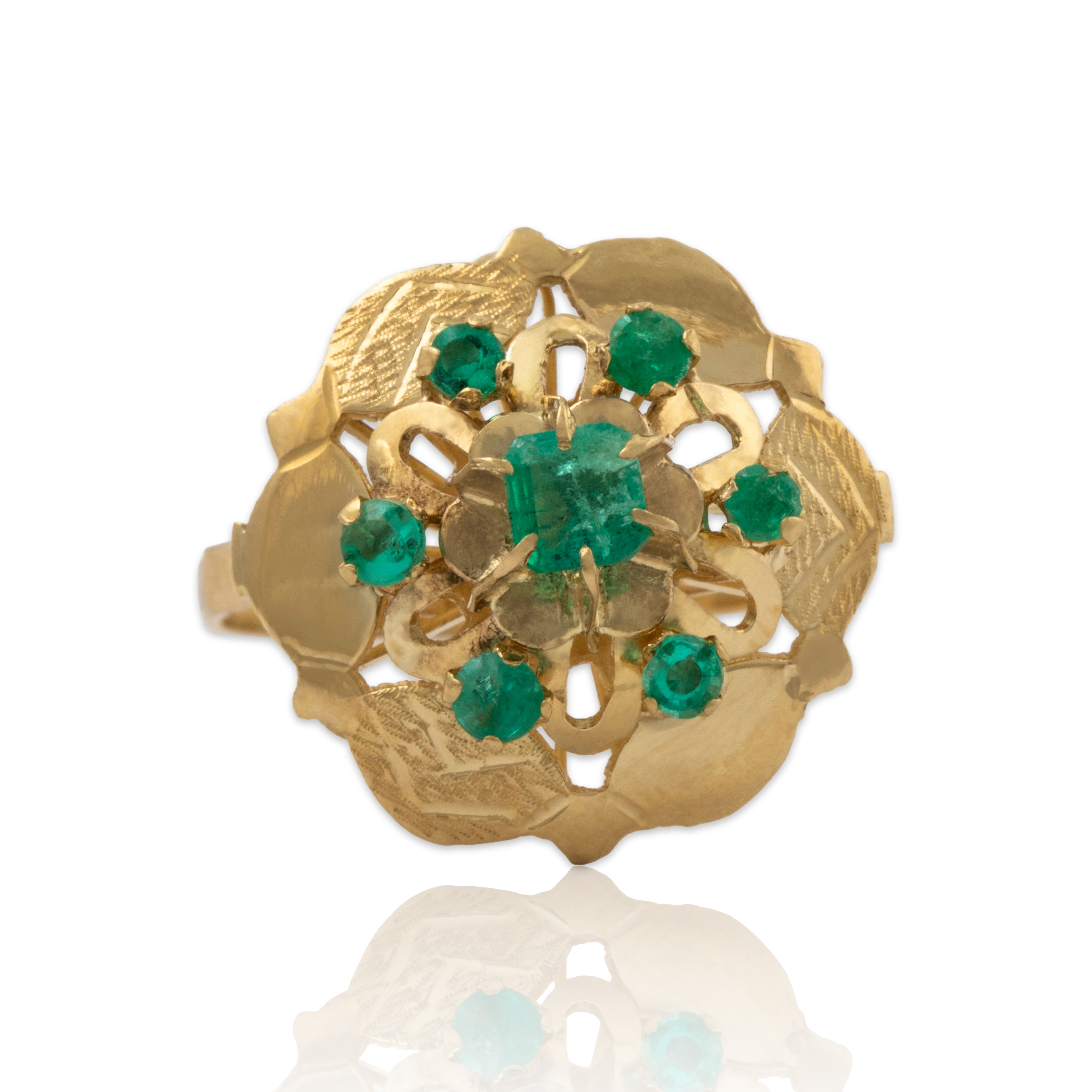 Vintage 18k Yellow Gold Emerald Lovely Floral Cocktail Ring 8、mySite、hinf8tx79