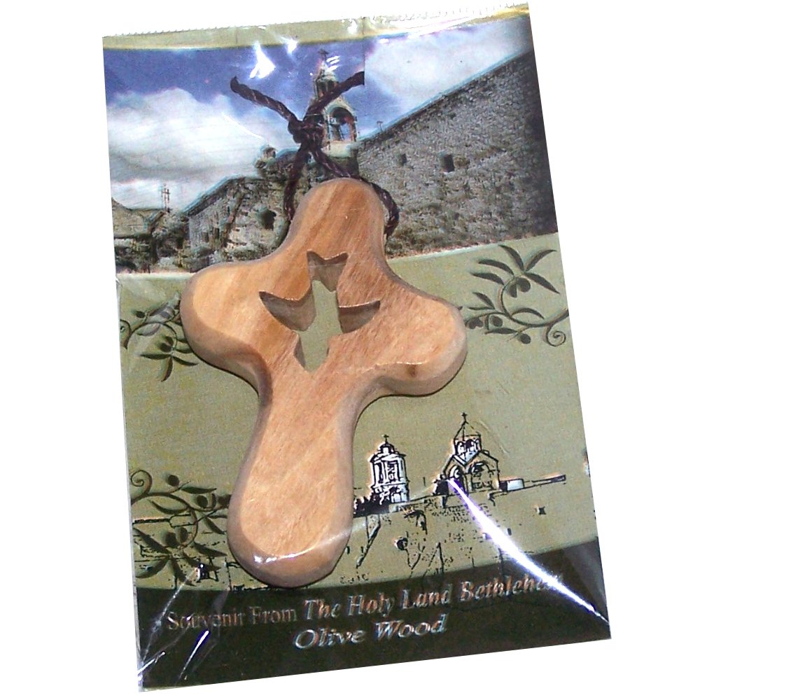 Holy Spirit The Comforter Olive Wood Comforting Cross Engraved with Dove - Necklace. Cross is About 2.5 and Comes with Certificate、mySite、topwebapps