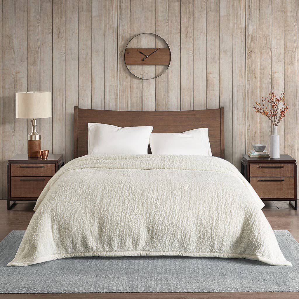 Made in the USA Soft Berber Sherpa Bedding Blanket, Ivory - King、mySite、g9winljtr
