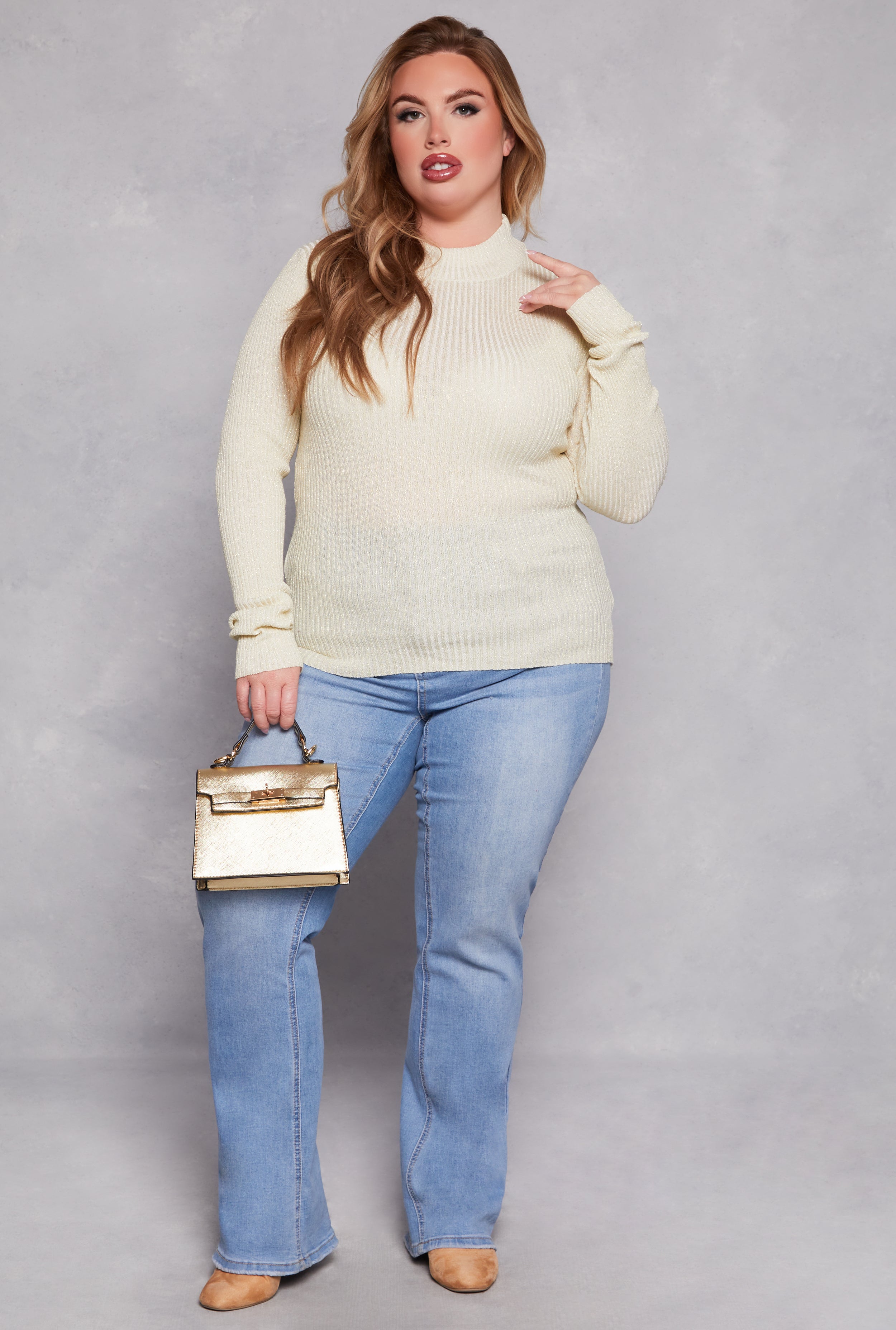 Plus Size Lurex Ribbed Mock Neck Sweater、mySite、camillekostekn